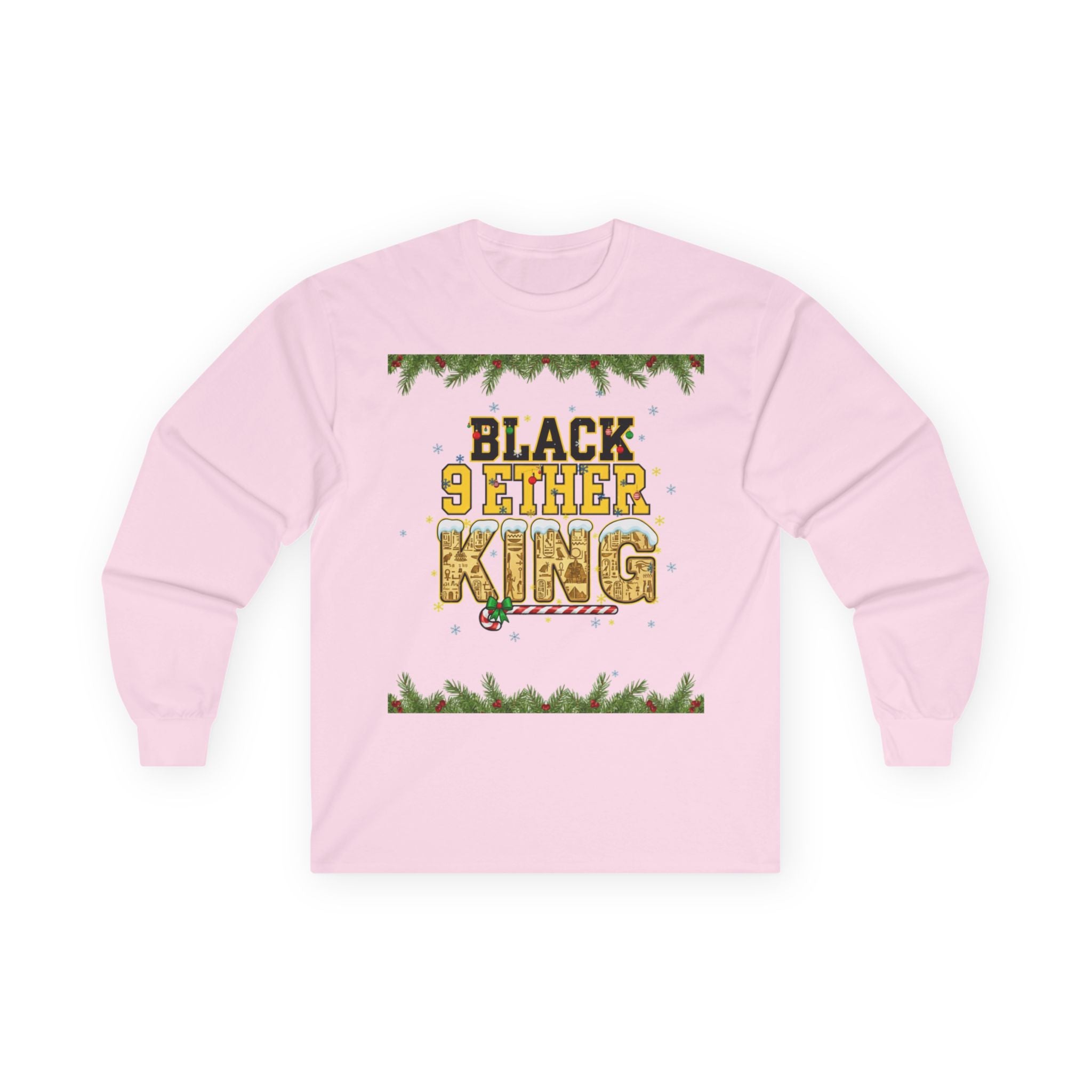 Long Sleeve Tee — "Black 9ether King" Holiday Graphic with Pine Garland