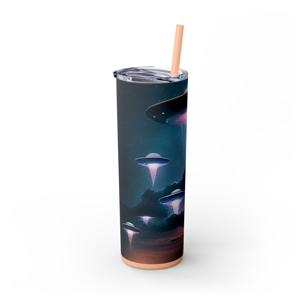 Cosmic Alien Skinny Tumbler with Straw, 20oz | Space Drinkware, Gift for Sci-Fi Lovers, Unique Cup for Outdoor Events, UFO Enthusiasts