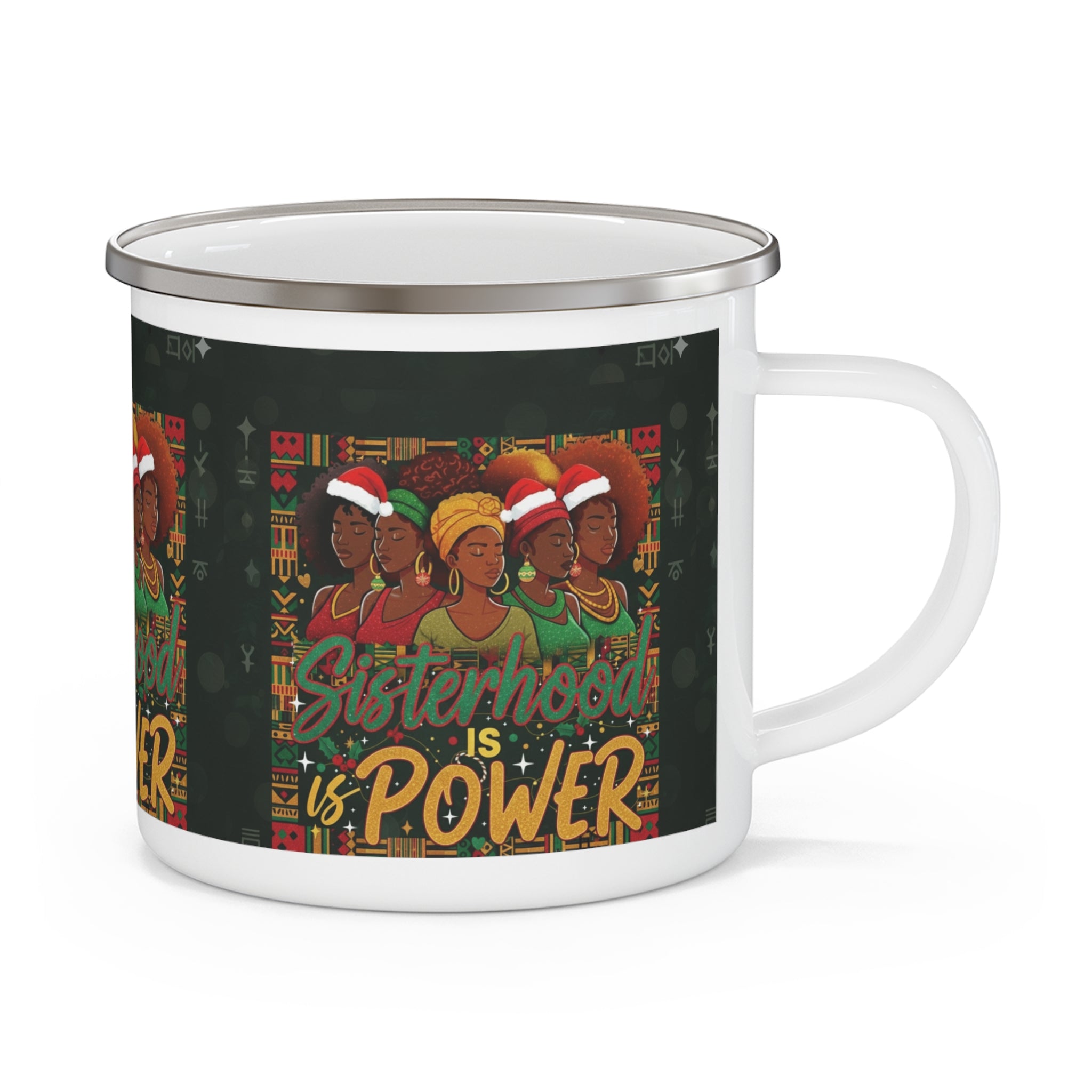 Sisterhood Is Power Enamel Camping Mug — Floral Afrocentric Holiday Coffee Cup
