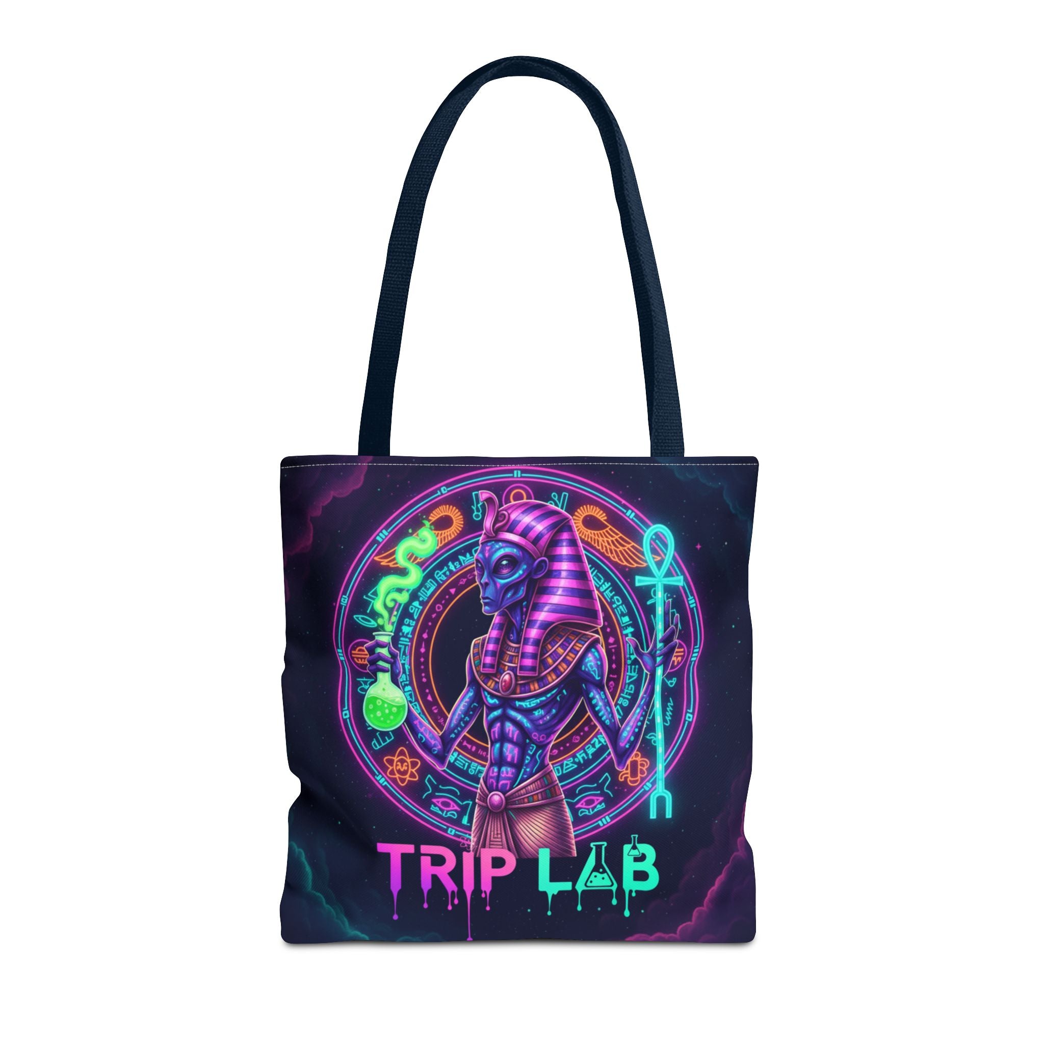 Psychedelic Trip Lab Tote Bag — Neon Ancient-Egypt Anubis All-Over Print