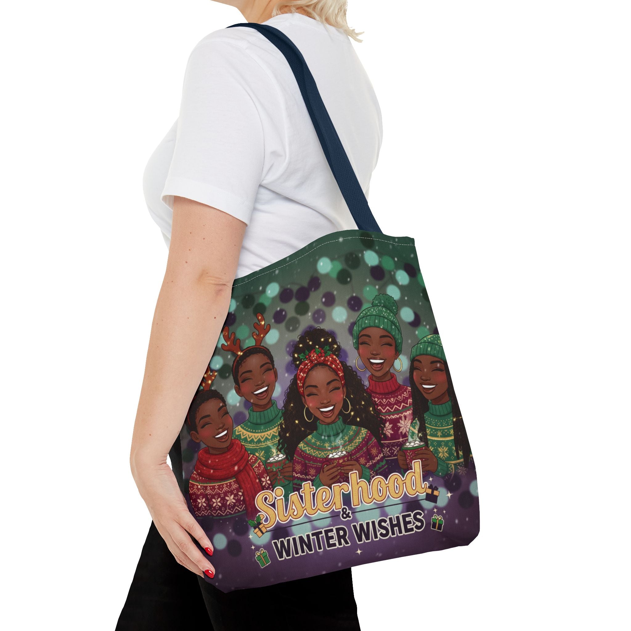 Sisterhood Winter Wishes Holiday Tote Bag — Festive Afrocentric Christmas Market Bag