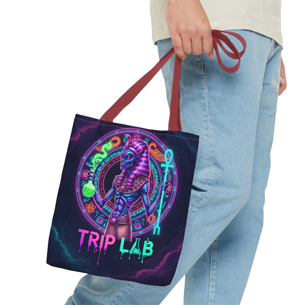Psychedelic Trip Lab Tote Bag — Neon Ancient-Egypt Anubis All-Over Print