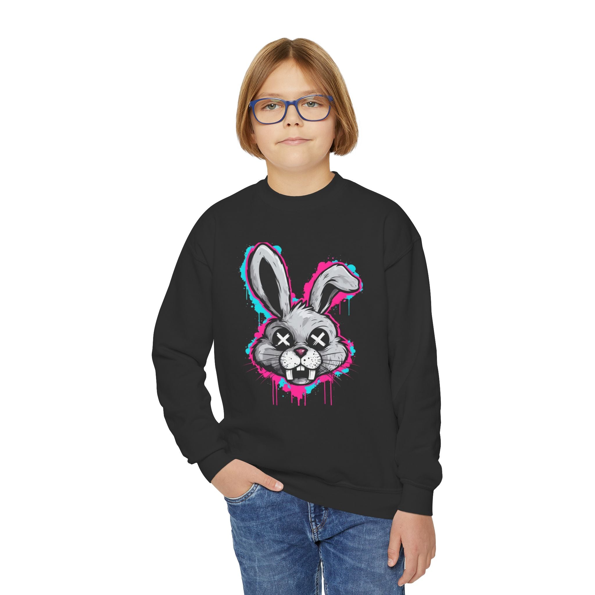Cool Graffiti Bunny Youth Sweatshirt, Hipster Crewneck, Street Art Apparel, Gift for Kids, Fun Casual Wear, Comfy and Stylish