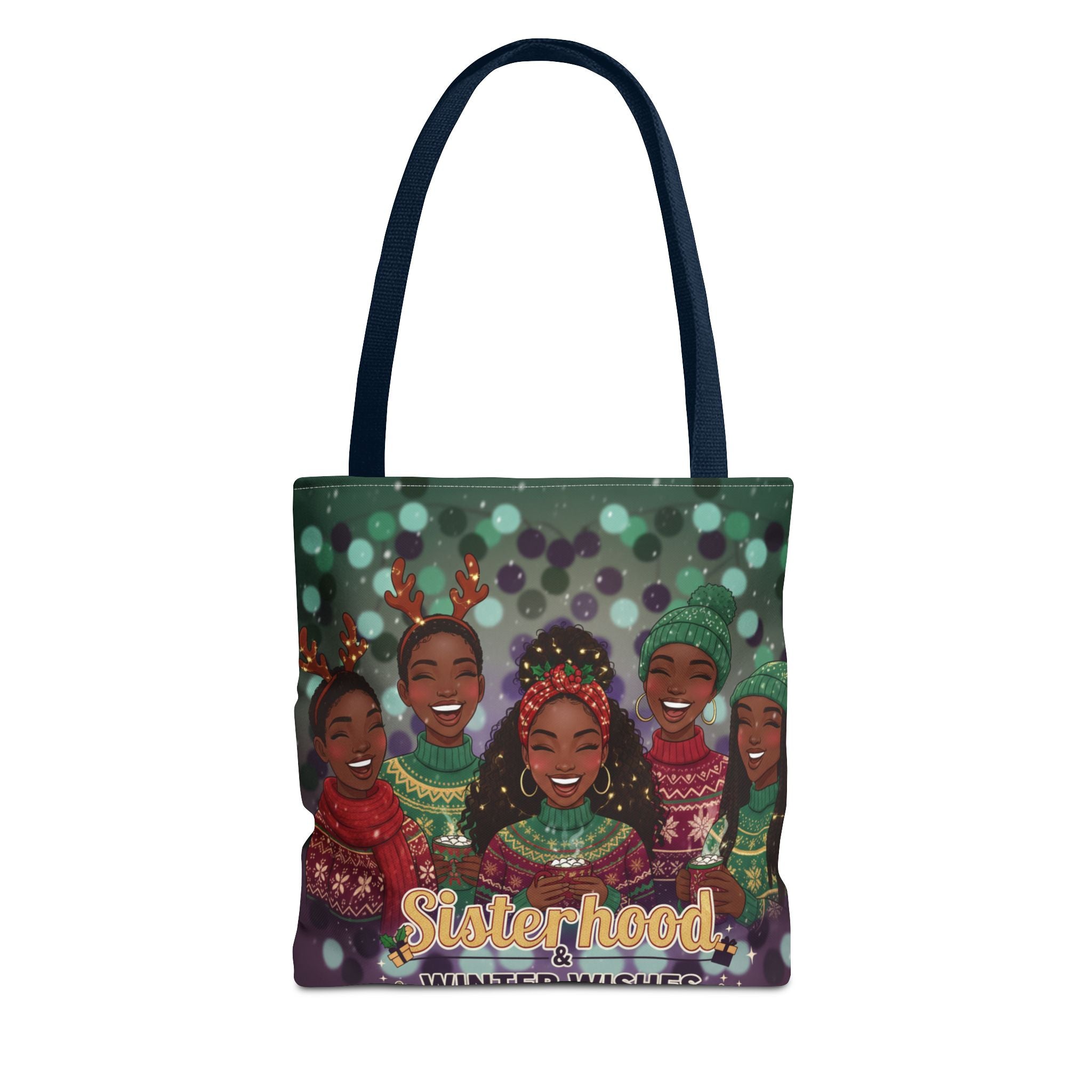 Sisterhood Winter Wishes Holiday Tote Bag — Festive Afrocentric Christmas Market Bag
