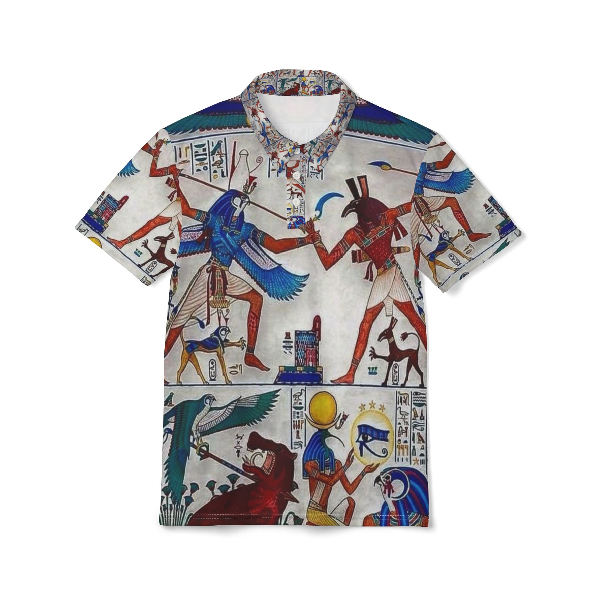 Egyptian-Inspired Unisex Polo Shirt, Unique Graphic Tee, AOP Design, Casual Wear, Gift for Art Lovers, Summer Fashion