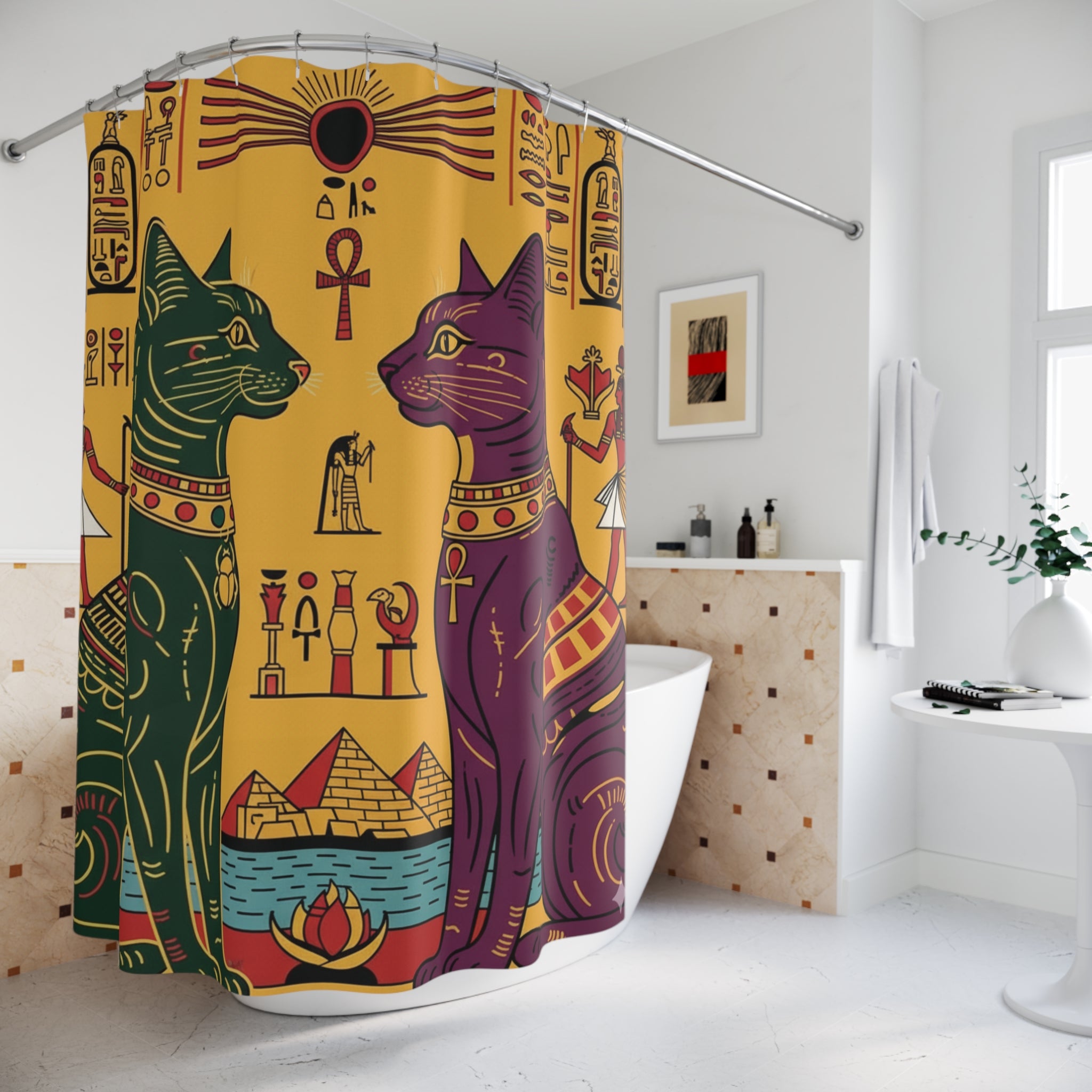 Egyptian Cats Shower Curtain, Boho Bathroom Decor, Unique Gift for Cat Lovers, Colorful Home Accent, Ancient Egyptian Style