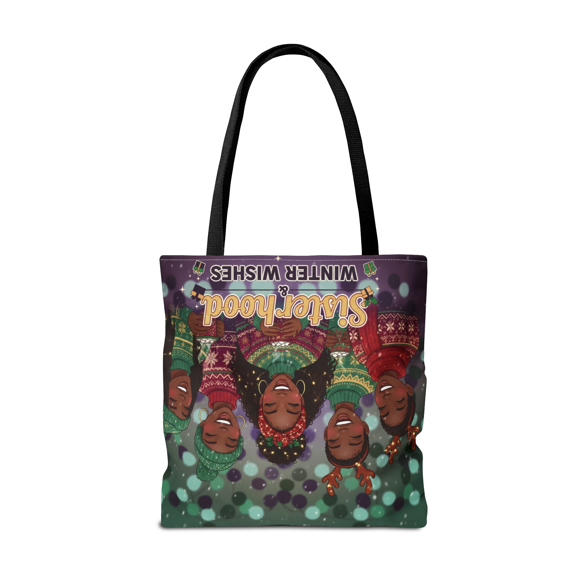 Sisterhood Winter Wishes Holiday Tote Bag — Festive Afrocentric Christmas Market Bag