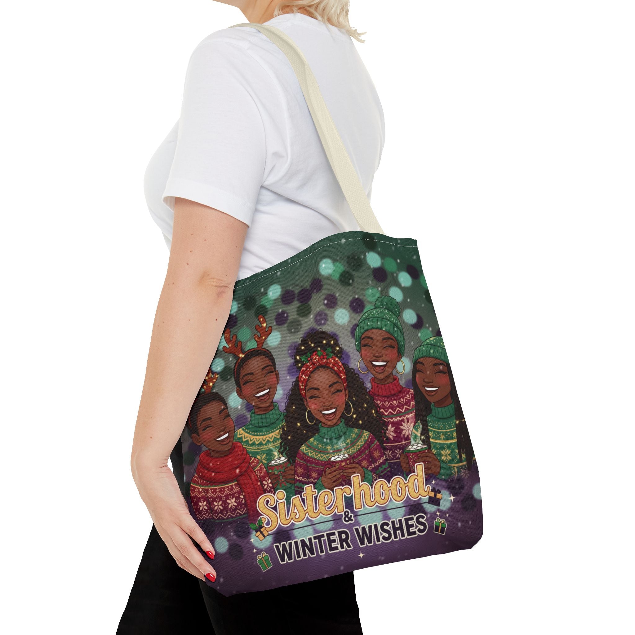 Sisterhood Winter Wishes Holiday Tote Bag — Festive Afrocentric Christmas Market Bag
