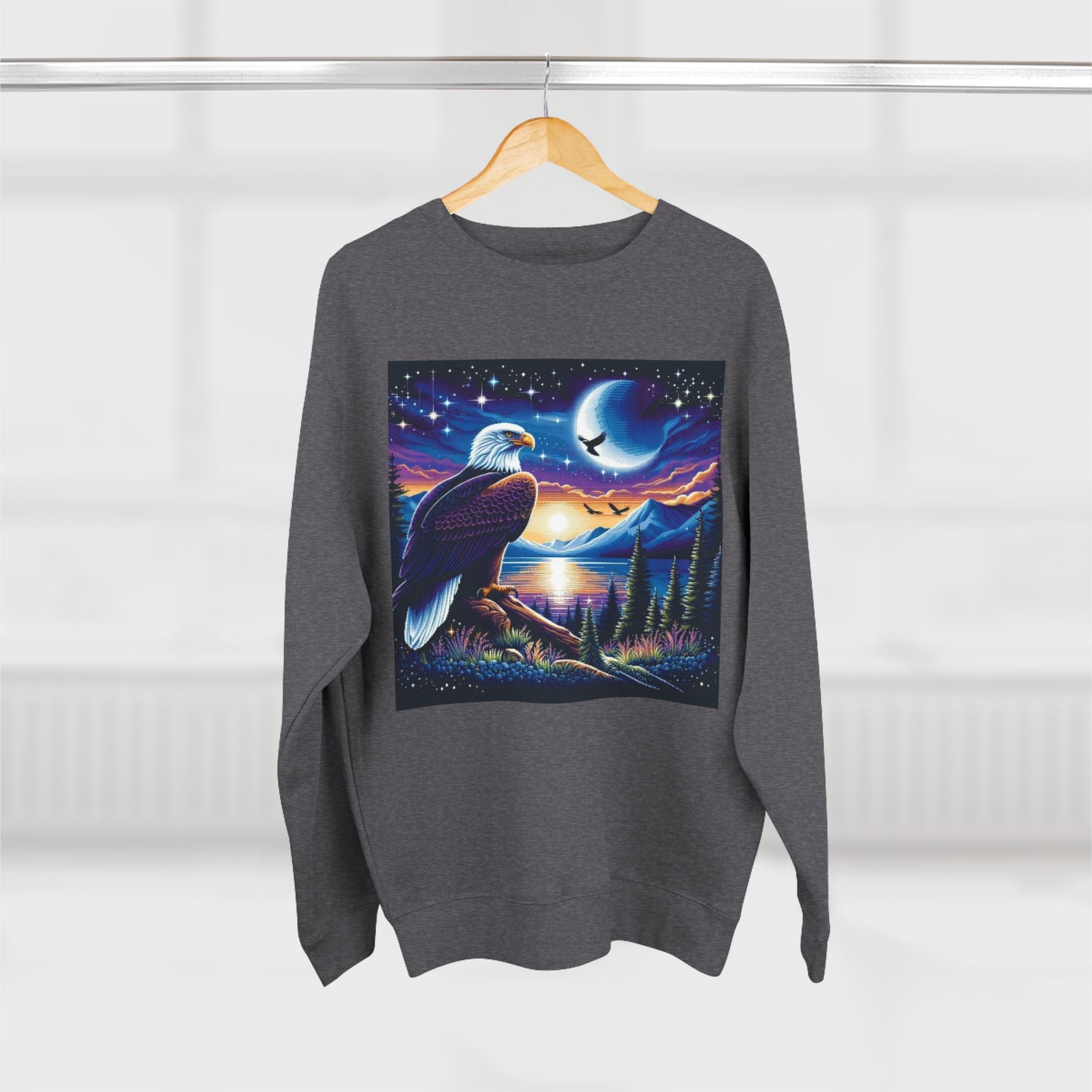 Nature-Inspired Unisex Crewneck Sweatshirt with Eagle & Moon Design, Cozy Sweatshirt for Nature Lovers, Perfect Gift for Birthdays, Outdoor