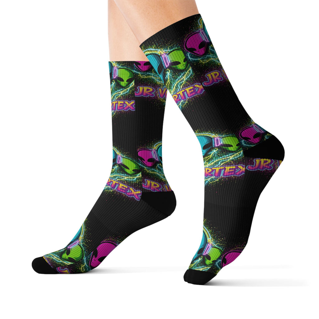 Alien Vape Neon Sublimation Socks — Retro Cyber Glow Crew Socks