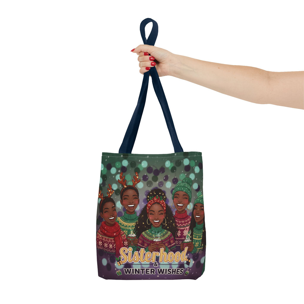 Sisterhood Winter Wishes Holiday Tote Bag — Festive Afrocentric Christmas Market Bag