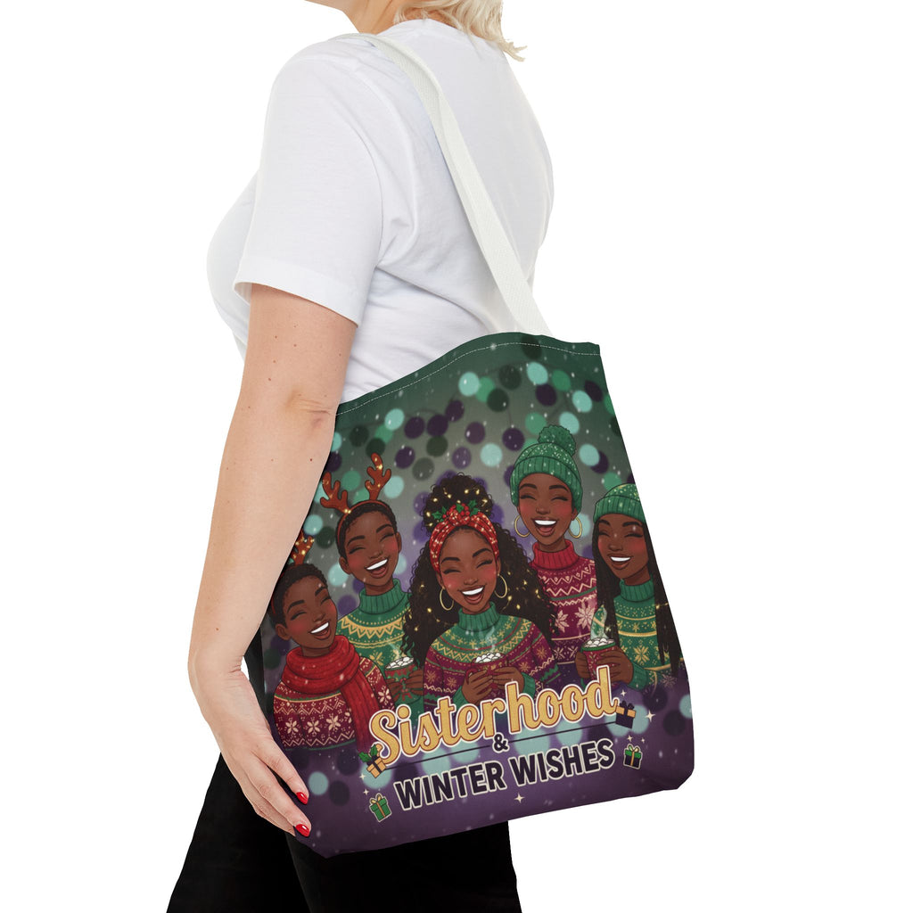 Sisterhood Winter Wishes Holiday Tote Bag — Festive Afrocentric Christmas Market Bag