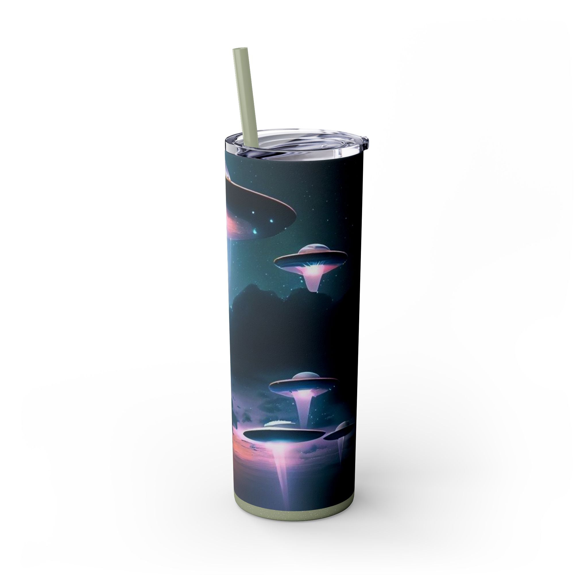 Cosmic Alien Skinny Tumbler with Straw, 20oz | Space Drinkware, Gift for Sci-Fi Lovers, Unique Cup for Outdoor Events, UFO Enthusiasts