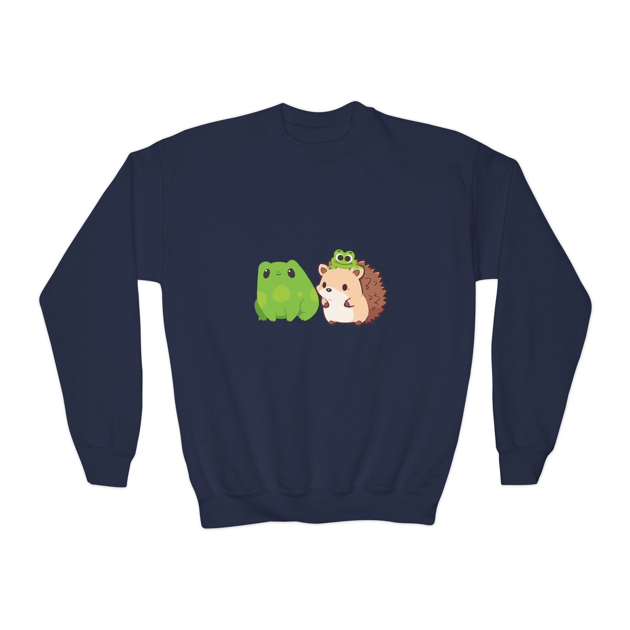 Cute Animal Friends Youth Crewneck Sweatshirt, Adorable Frog and Hedgehog Design, Perfect Gift for Kids, Fun Casual Wear, Birthday and