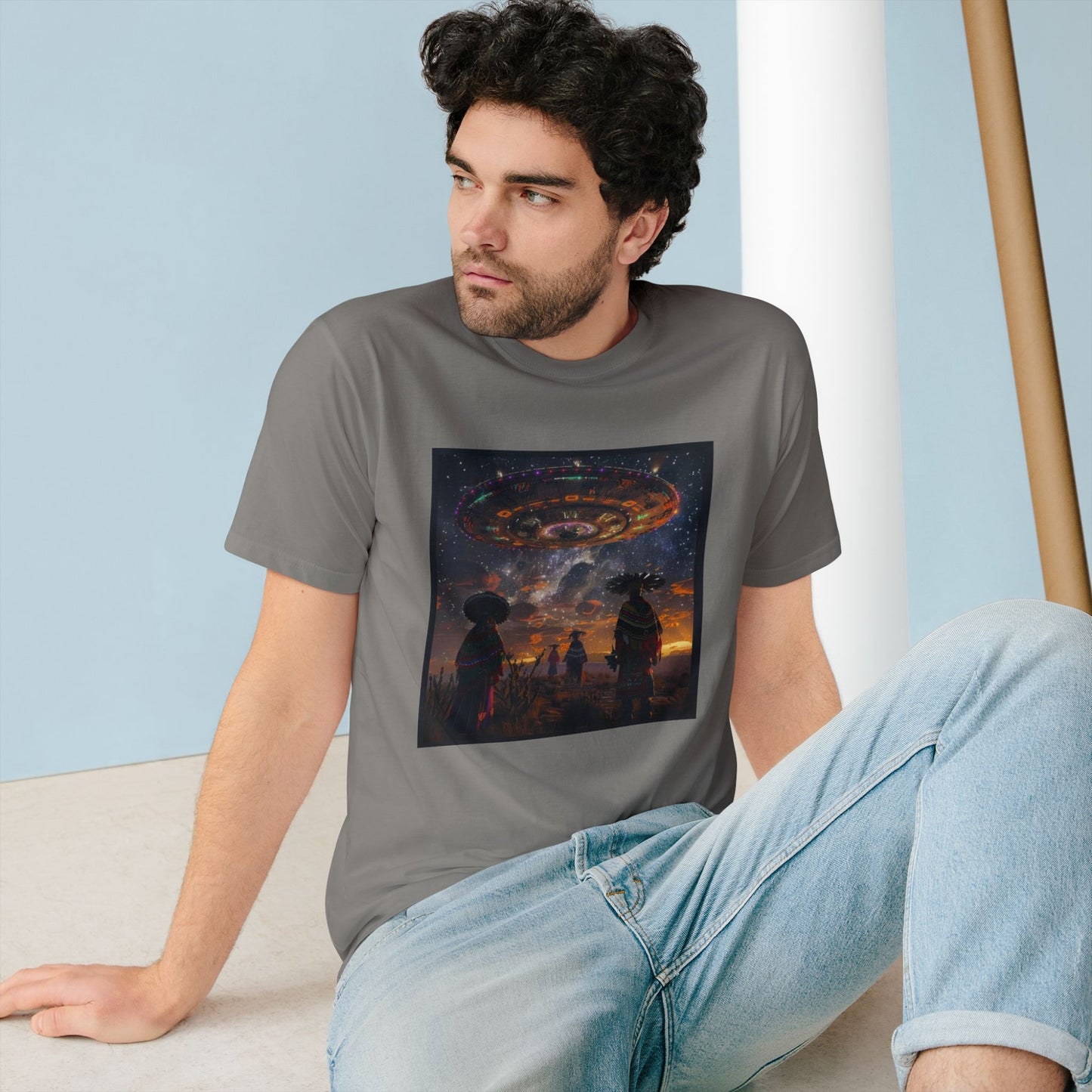 Cosmic Alien Encounter T-Shirt, Unisex Graphic Tee, Space Themed Shirt, Festival Wear, Unique Gift for Sci-Fi Lovers, Bohemian Style