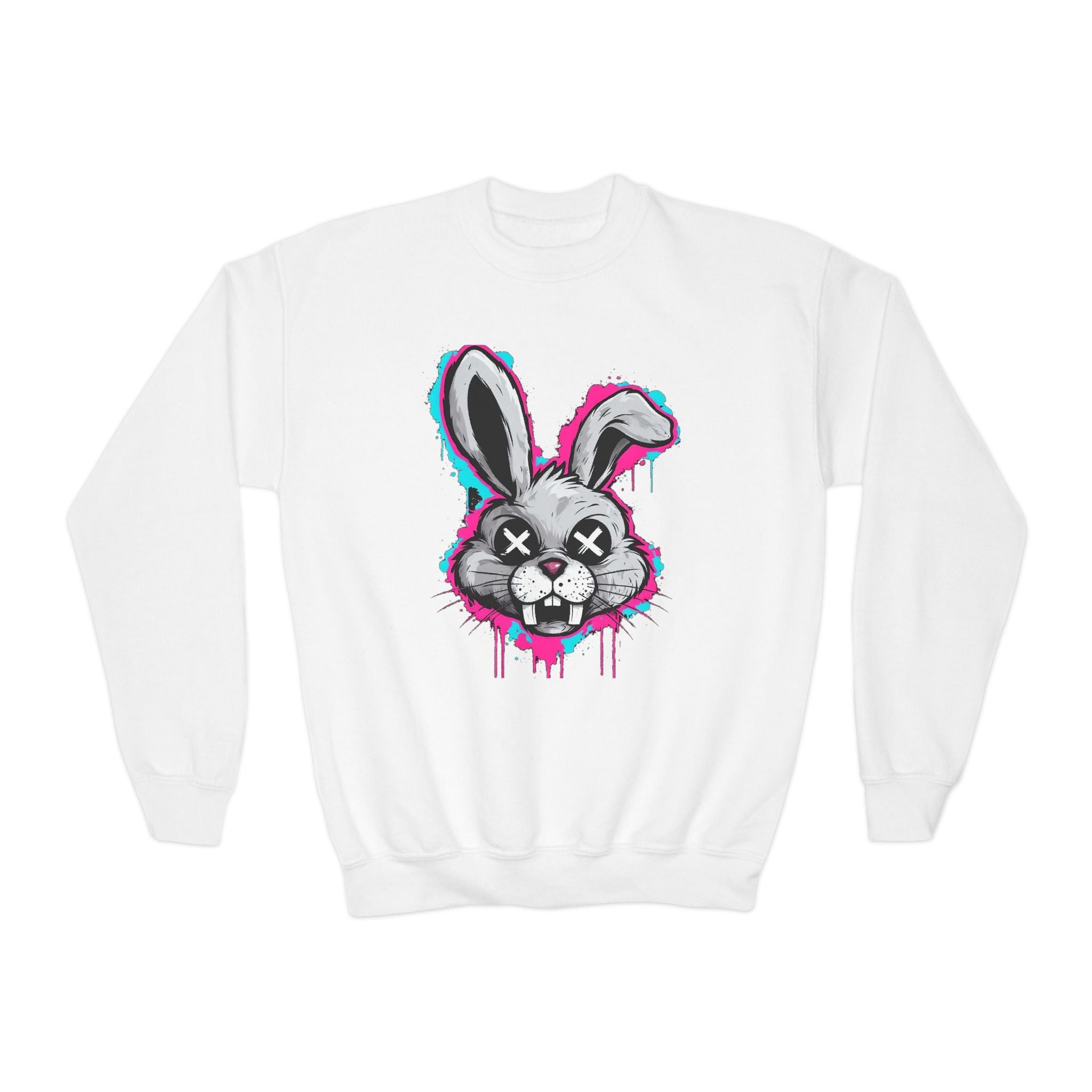 Cool Graffiti Bunny Youth Sweatshirt, Hipster Crewneck, Street Art Apparel, Gift for Kids, Fun Casual Wear, Comfy and Stylish