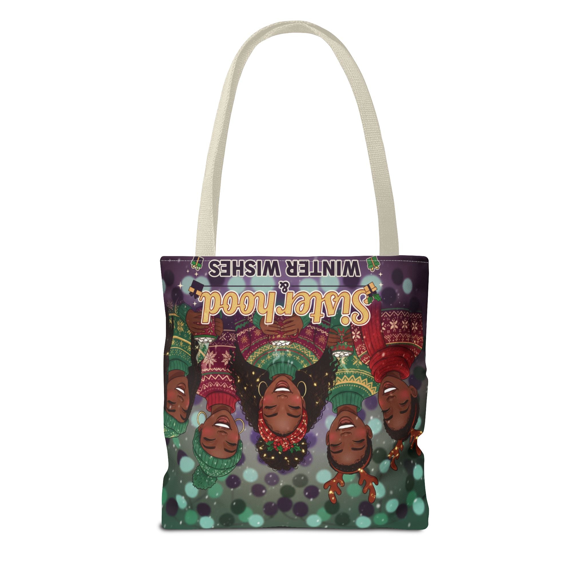 Sisterhood Winter Wishes Holiday Tote Bag — Festive Afrocentric Christmas Market Bag