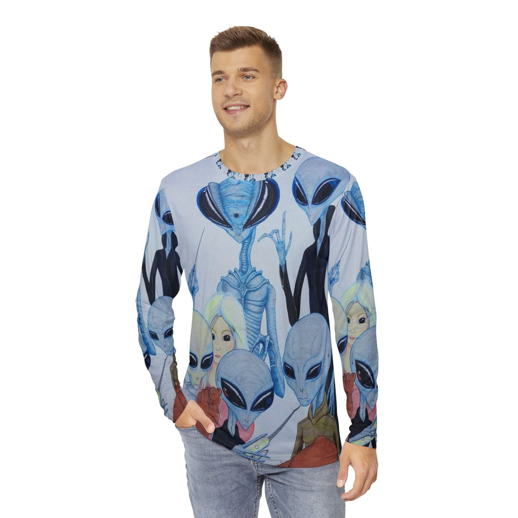 Alien Party Men's Long Sleeve Shirt, Cool Graphic Tee, Sci-Fi Fan Gift, Unique Casual Wear, Outer Space Design, Unisex Apparel