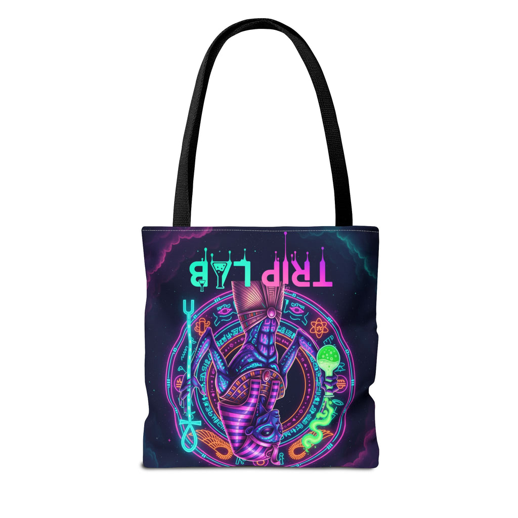 Psychedelic Trip Lab Tote Bag — Neon Ancient-Egypt Anubis All-Over Print