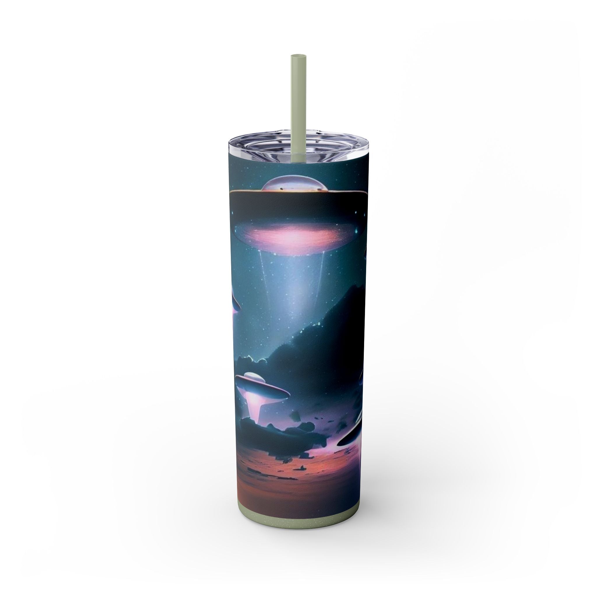 Cosmic Alien Skinny Tumbler with Straw, 20oz | Space Drinkware, Gift for Sci-Fi Lovers, Unique Cup for Outdoor Events, UFO Enthusiasts