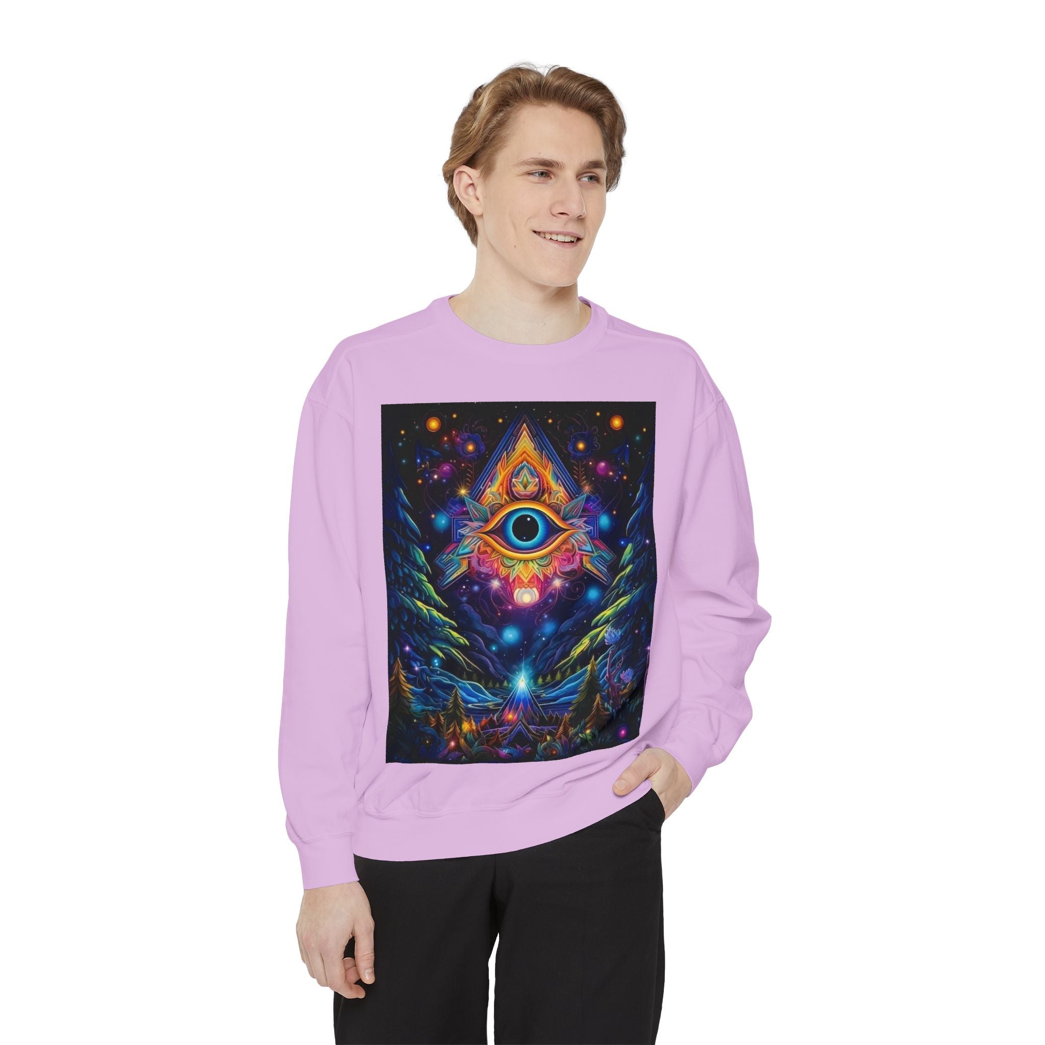 Cosmic Eye Unisex Garment-Dyed Sweatshirt, Psychedelic Sweatshirt, Spiritual Apparel, Gift for Nature Lovers, Festival Clothing, Comfortable