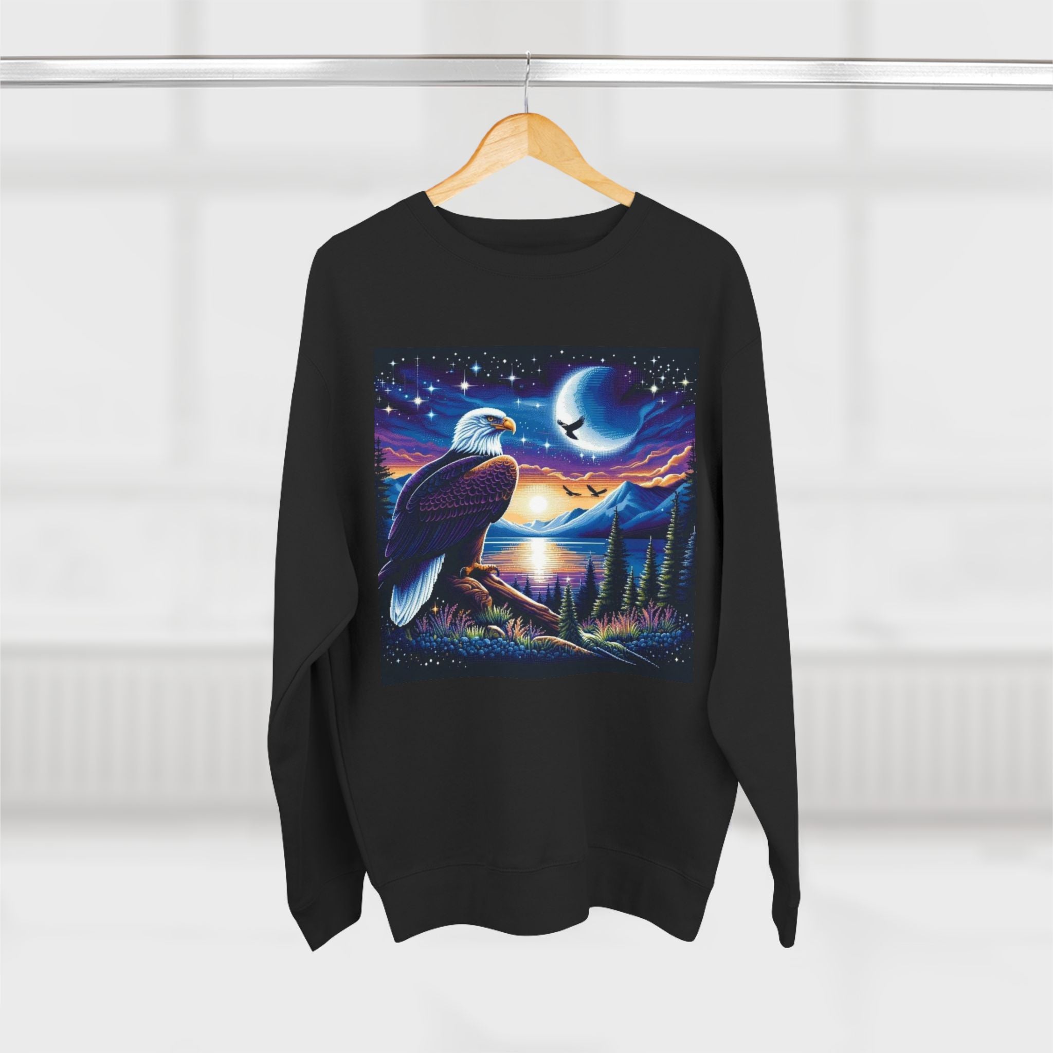 Nature-Inspired Unisex Crewneck Sweatshirt with Eagle & Moon Design, Cozy Sweatshirt for Nature Lovers, Perfect Gift for Birthdays, Outdoor