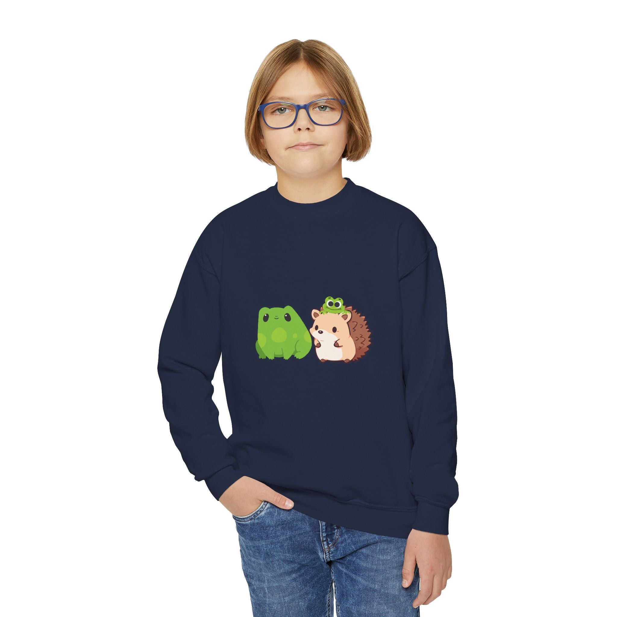 Cute Animal Friends Youth Crewneck Sweatshirt, Adorable Frog and Hedgehog Design, Perfect Gift for Kids, Fun Casual Wear, Birthday and