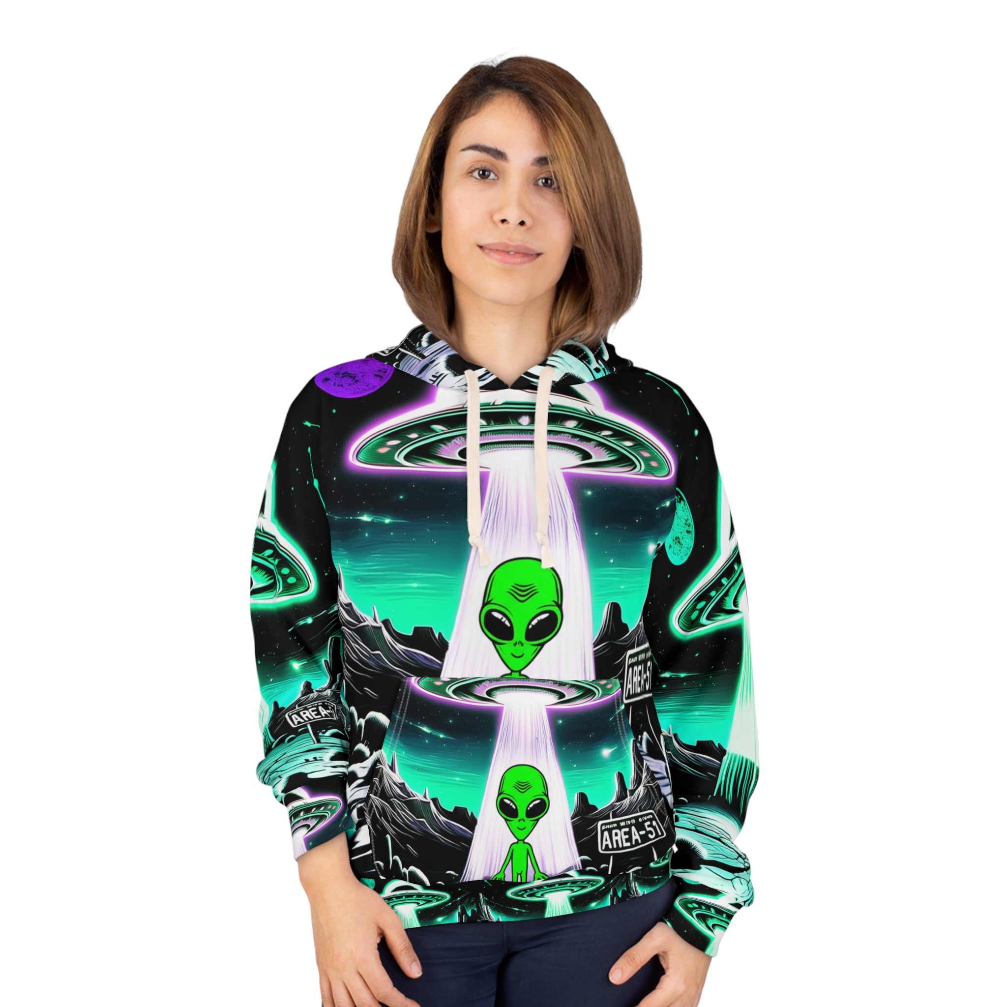 Alien Invasion Unisex Pullover Hoodie, Space Hoodie, Sci-Fi Fashion, Unique Gift for Friends, UFO Lover Apparel, Vibrant Graphic Hoodie