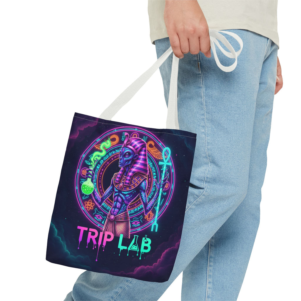Psychedelic Trip Lab Tote Bag — Neon Ancient-Egypt Anubis All-Over Print