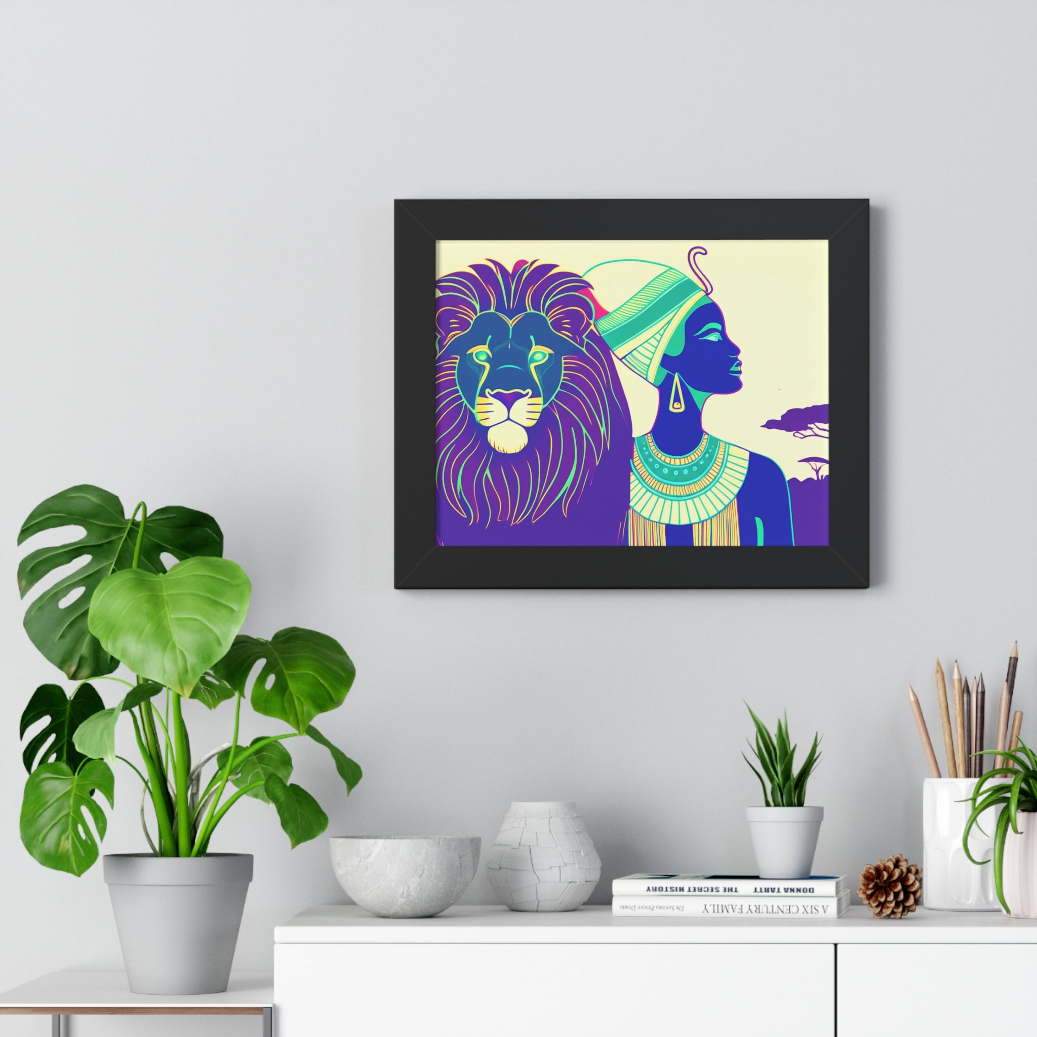 African Royalty Framed Horizontal Poster, Home Decor, Wall Art, Gift for Her, Bohemian Style, Lion and Queen Design