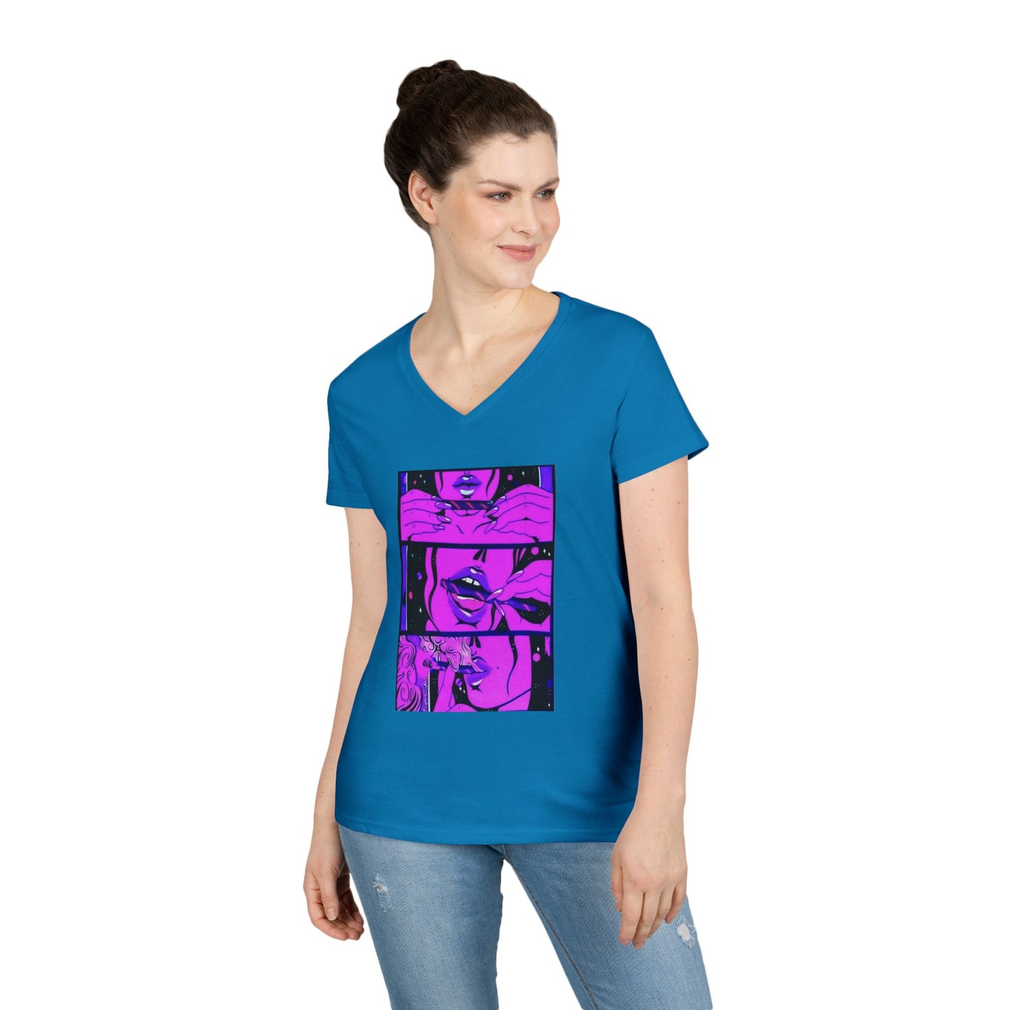 Vibrant Graphic Ladies' V-Neck T-Shirt - Trendy Art Design