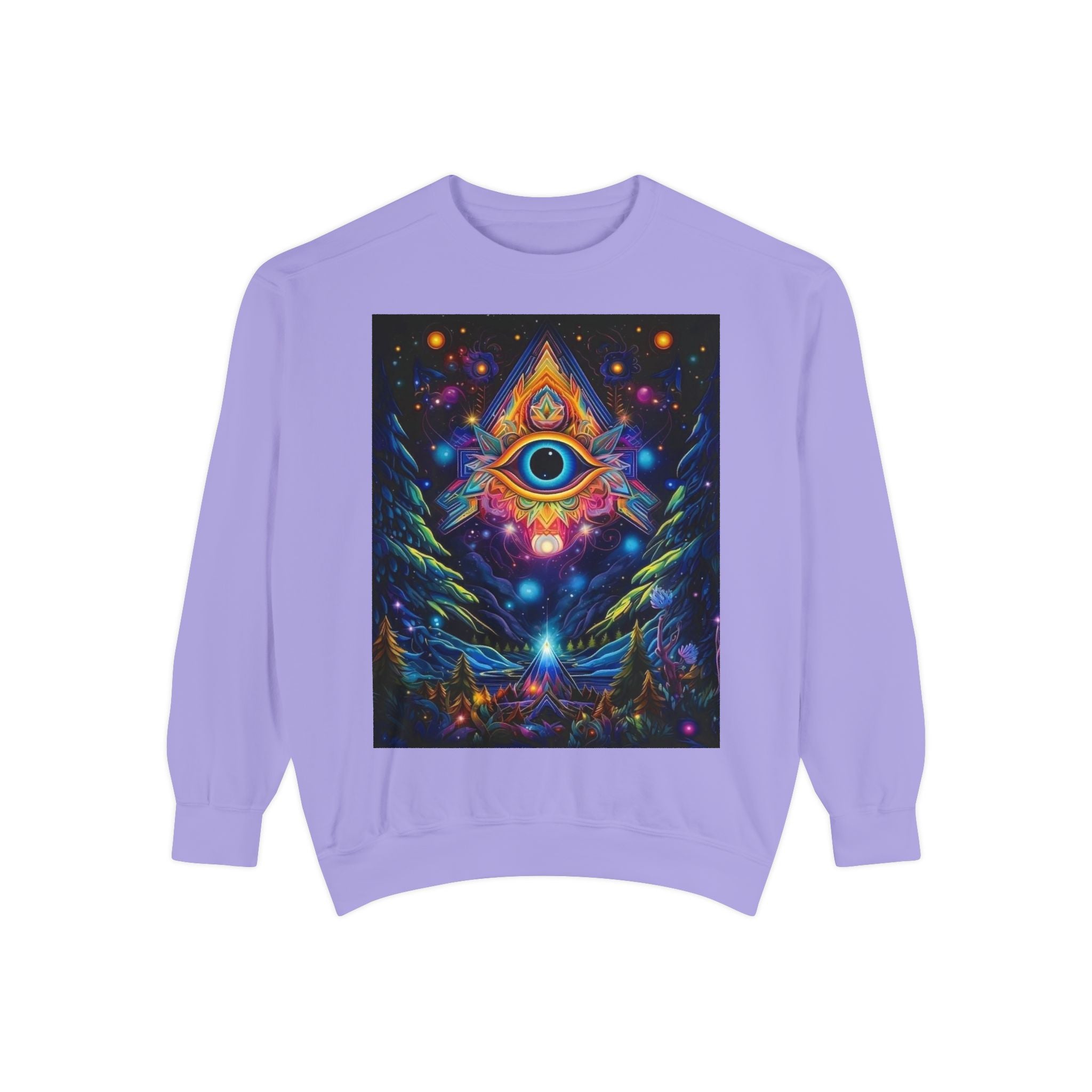 Cosmic Eye Unisex Garment-Dyed Sweatshirt, Psychedelic Sweatshirt, Spiritual Apparel, Gift for Nature Lovers, Festival Clothing, Comfortable