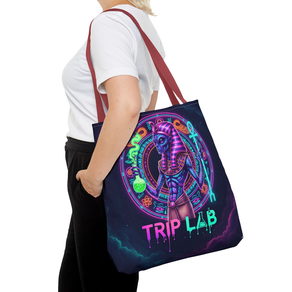 Psychedelic Trip Lab Tote Bag — Neon Ancient-Egypt Anubis All-Over Print
