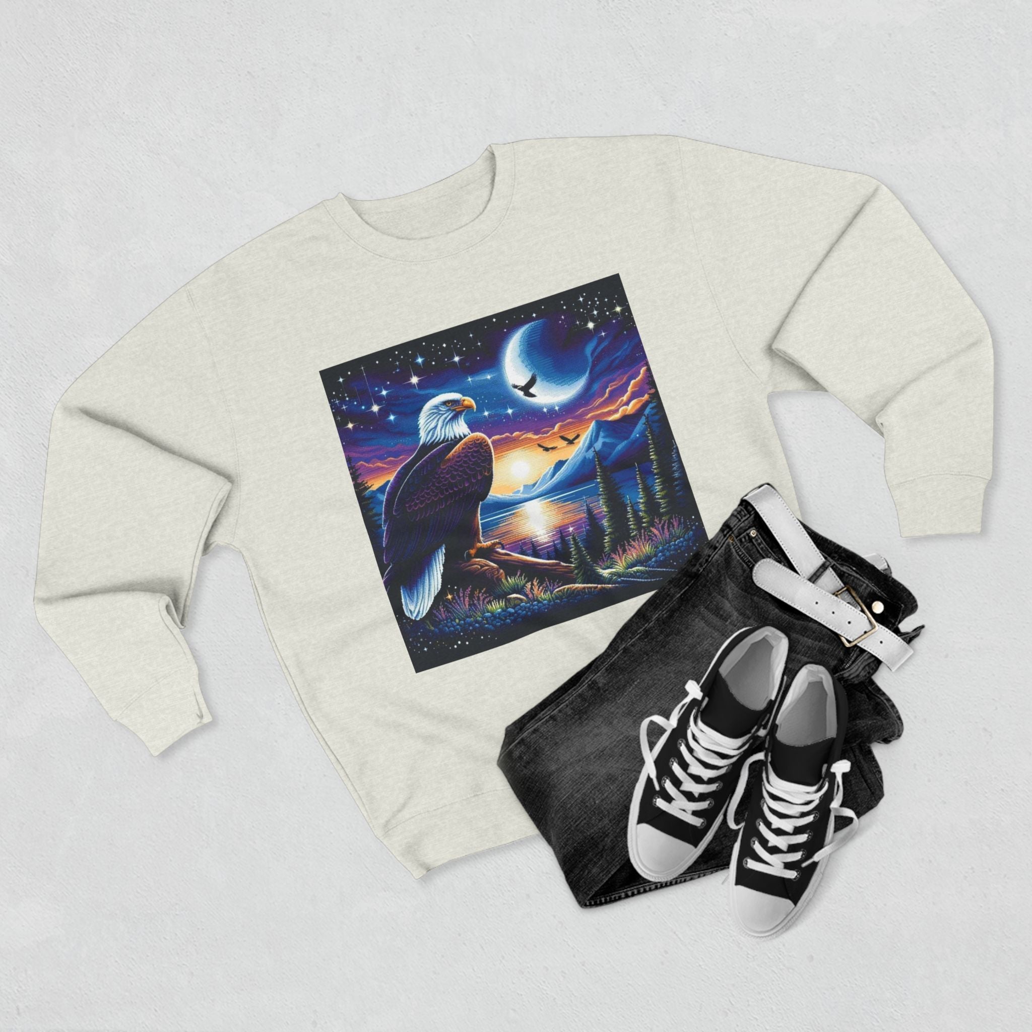 Nature-Inspired Unisex Crewneck Sweatshirt with Eagle & Moon Design, Cozy Sweatshirt for Nature Lovers, Perfect Gift for Birthdays, Outdoor