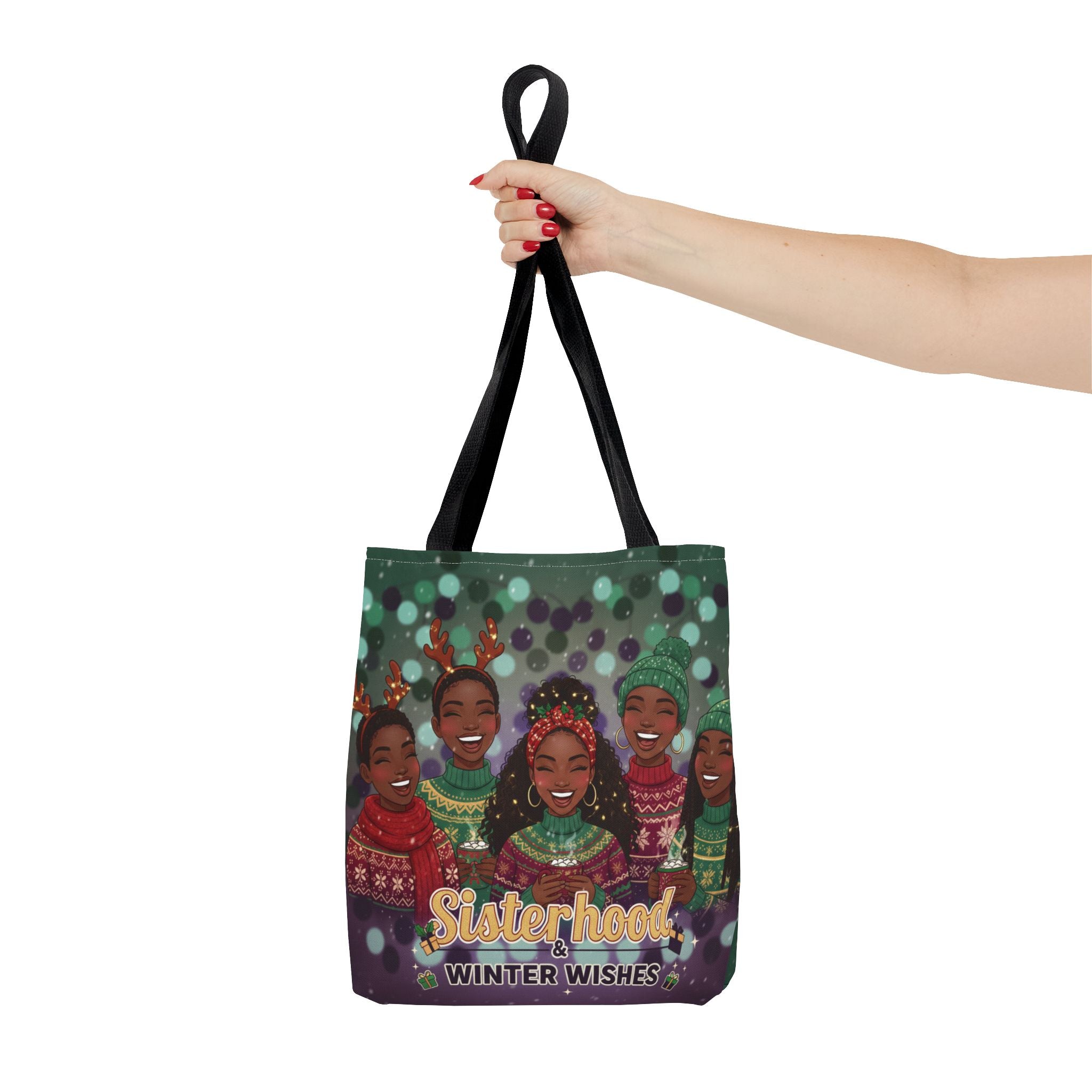 Sisterhood Winter Wishes Holiday Tote Bag — Festive Afrocentric Christmas Market Bag