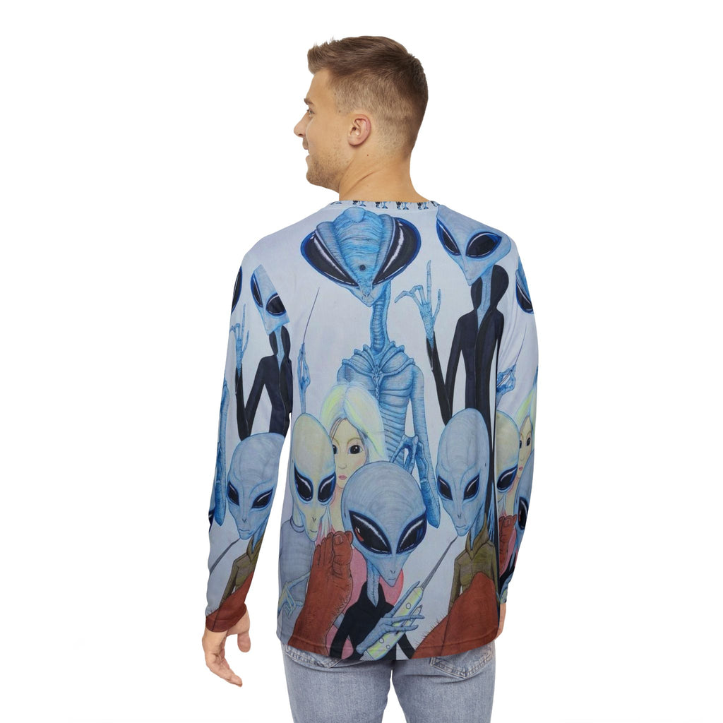 Alien Party Men's Long Sleeve Shirt, Cool Graphic Tee, Sci-Fi Fan Gift, Unique Casual Wear, Outer Space Design, Unisex Apparel