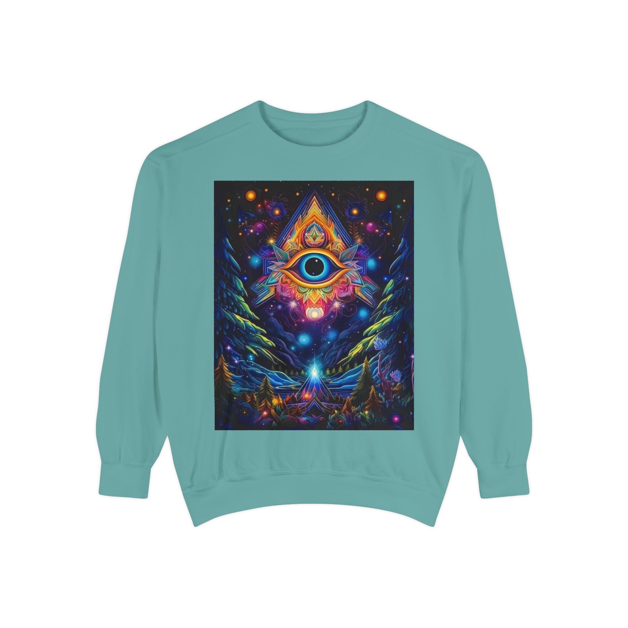 Cosmic Eye Unisex Garment-Dyed Sweatshirt, Psychedelic Sweatshirt, Spiritual Apparel, Gift for Nature Lovers, Festival Clothing, Comfortable