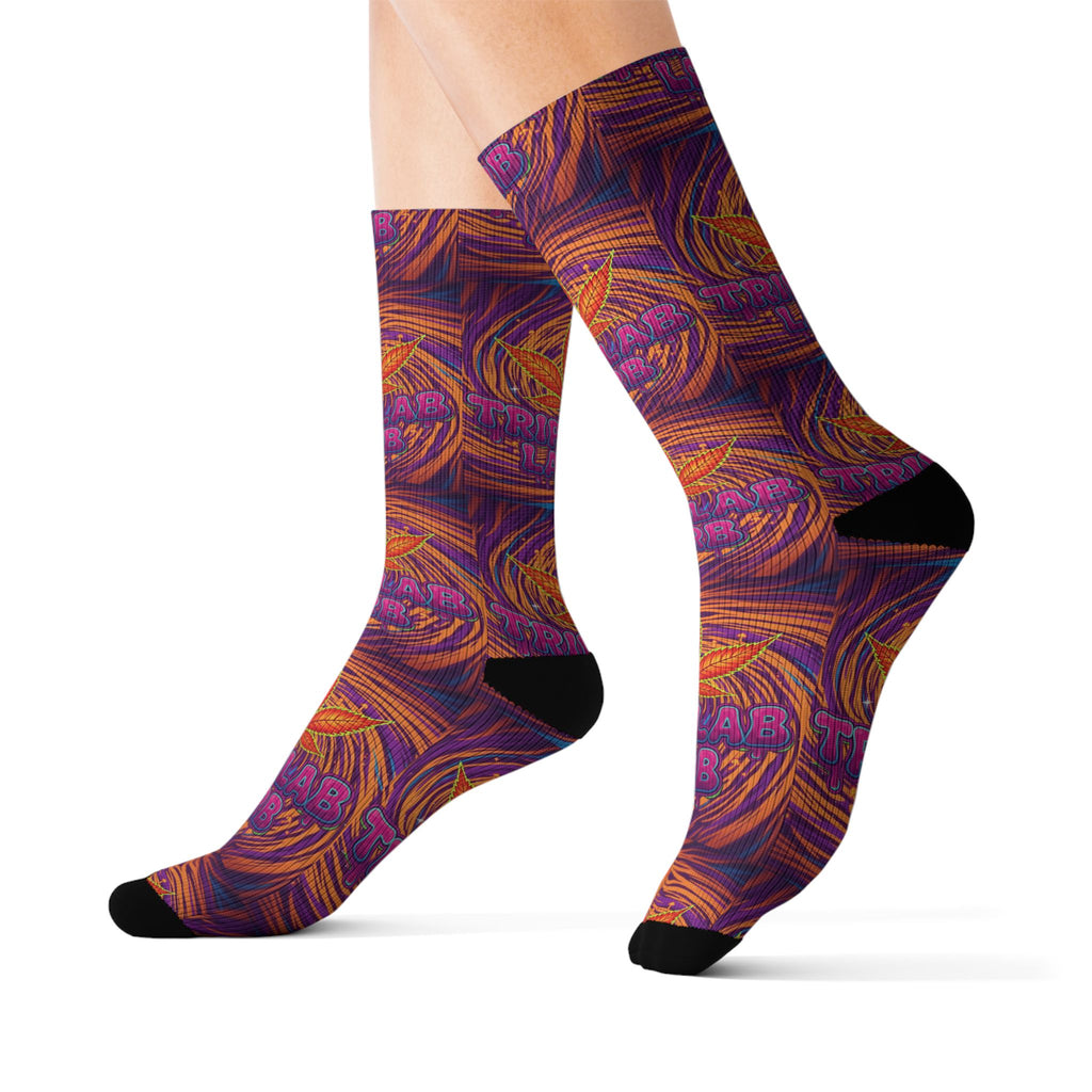 Abstract Swirl Sublimation Socks — Purple & Orange Artistic Crew Socks