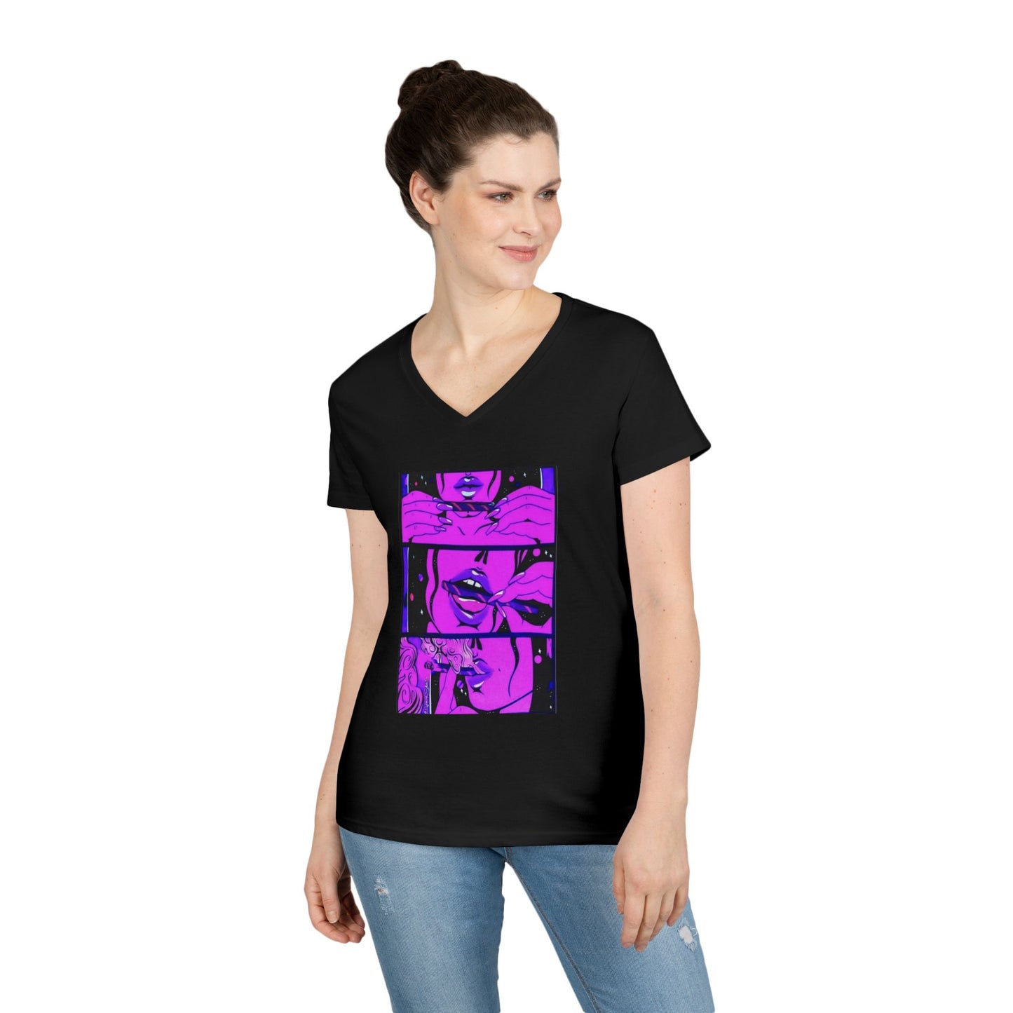 Vibrant Graphic Ladies' V-Neck T-Shirt - Trendy Art Design