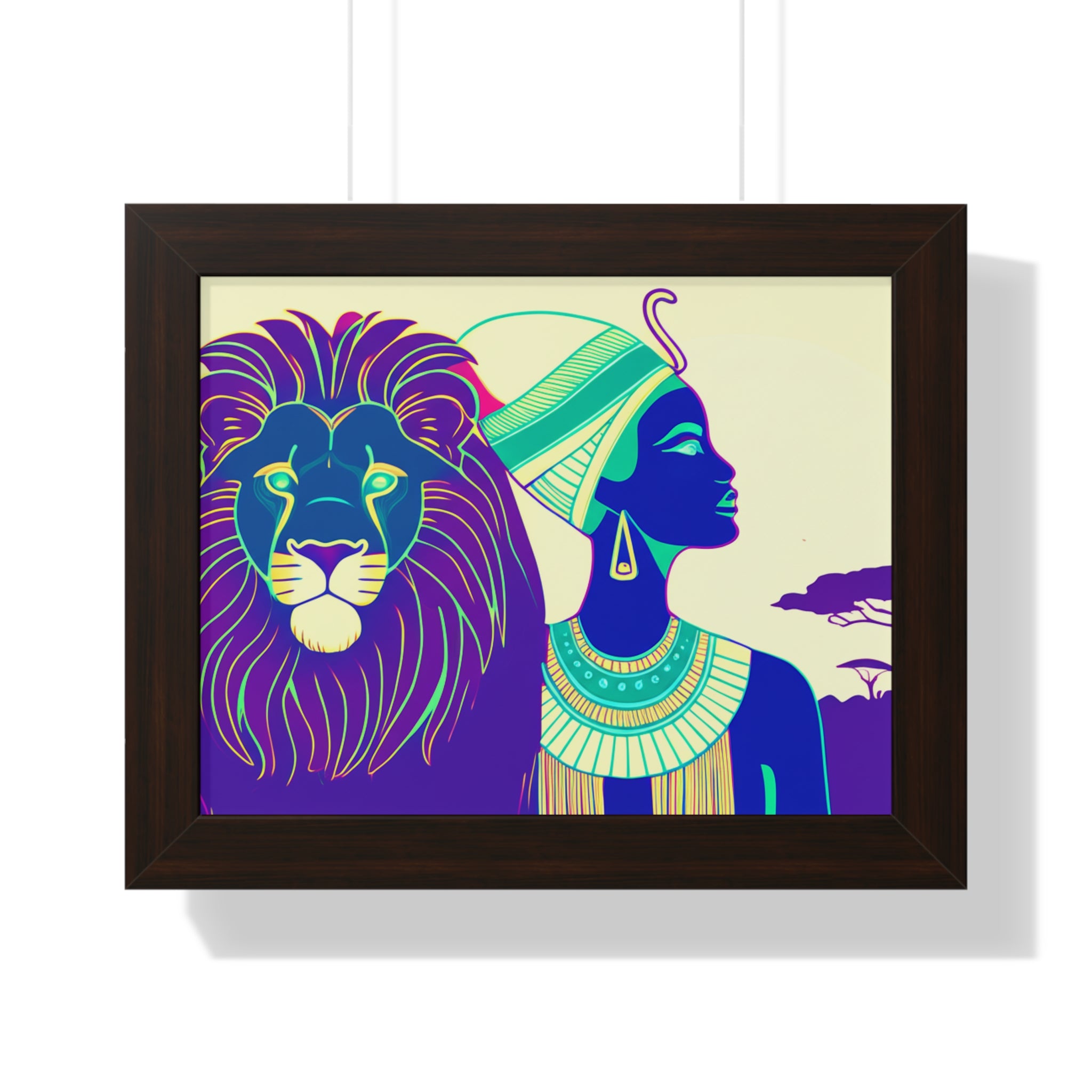 African Royalty Framed Horizontal Poster, Home Decor, Wall Art, Gift for Her, Bohemian Style, Lion and Queen Design