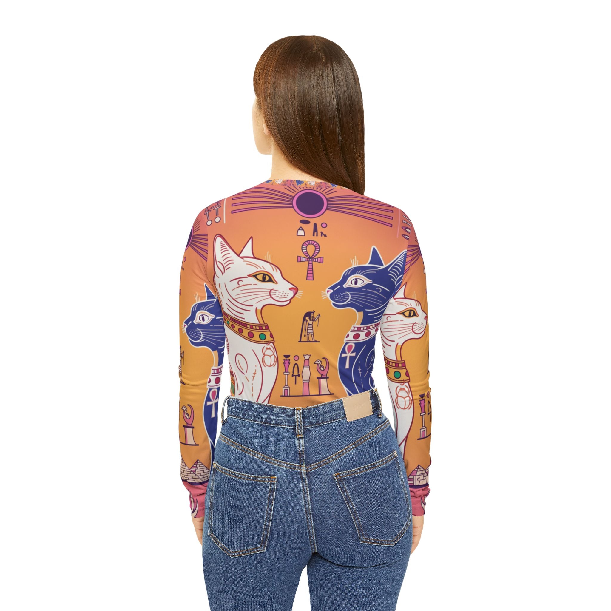 Egyptian Cat Print Long Sleeve V-Neck Shirt, Perfect for Cat Lovers, Unique Gift for Her, Festival Fashion, Cozy Casual Wear