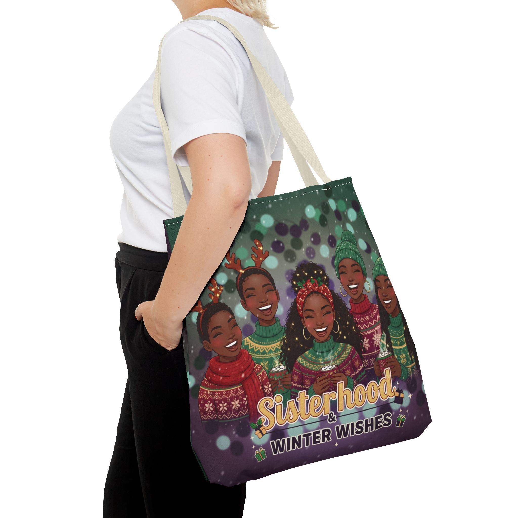 Sisterhood Winter Wishes Holiday Tote Bag — Festive Afrocentric Christmas Market Bag