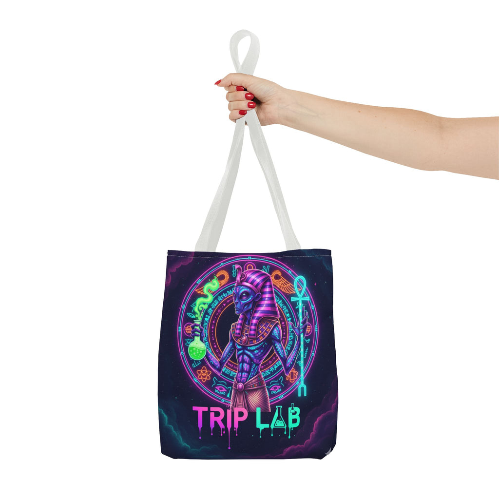Psychedelic Trip Lab Tote Bag — Neon Ancient-Egypt Anubis All-Over Print