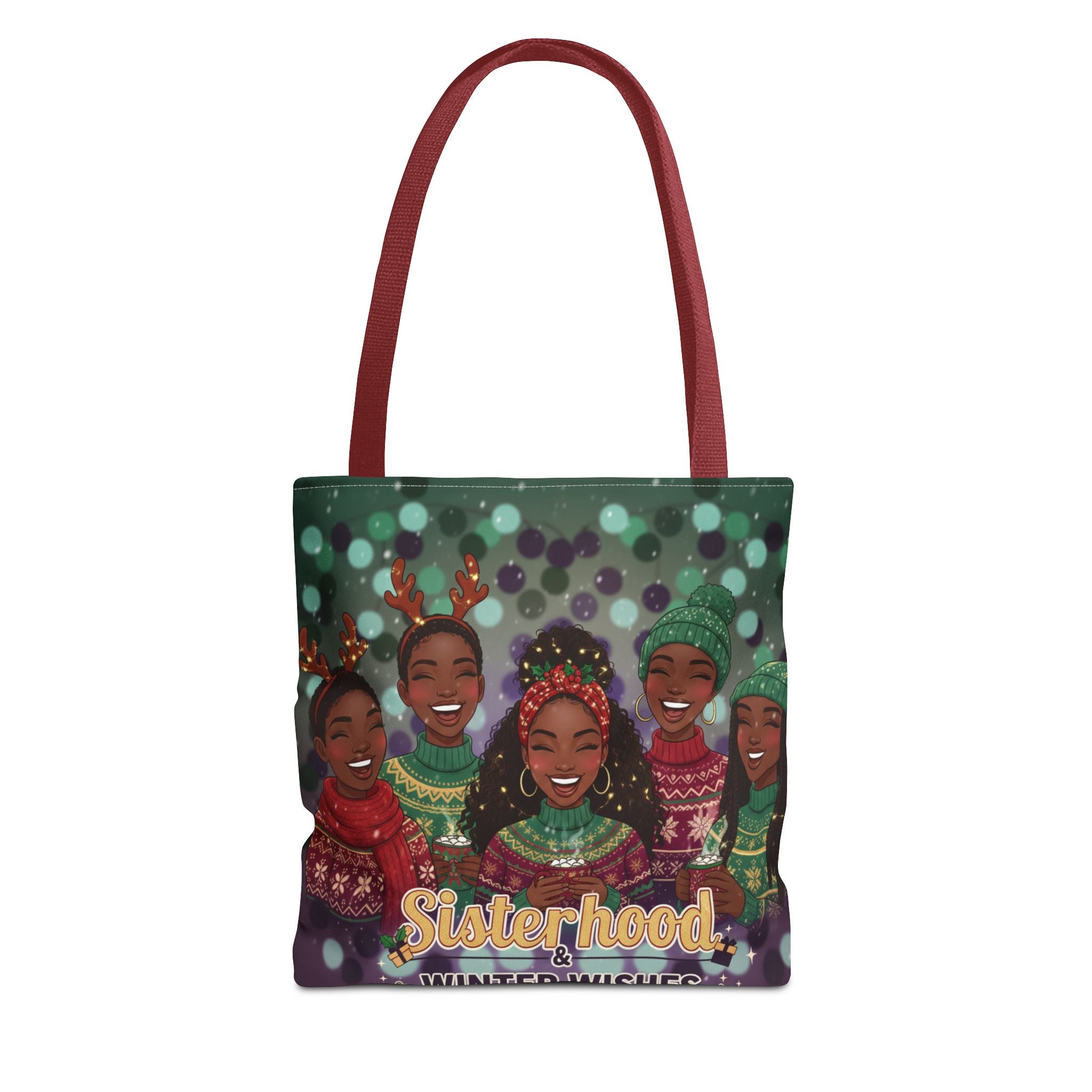 Sisterhood Winter Wishes Holiday Tote Bag — Festive Afrocentric Christmas Market Bag