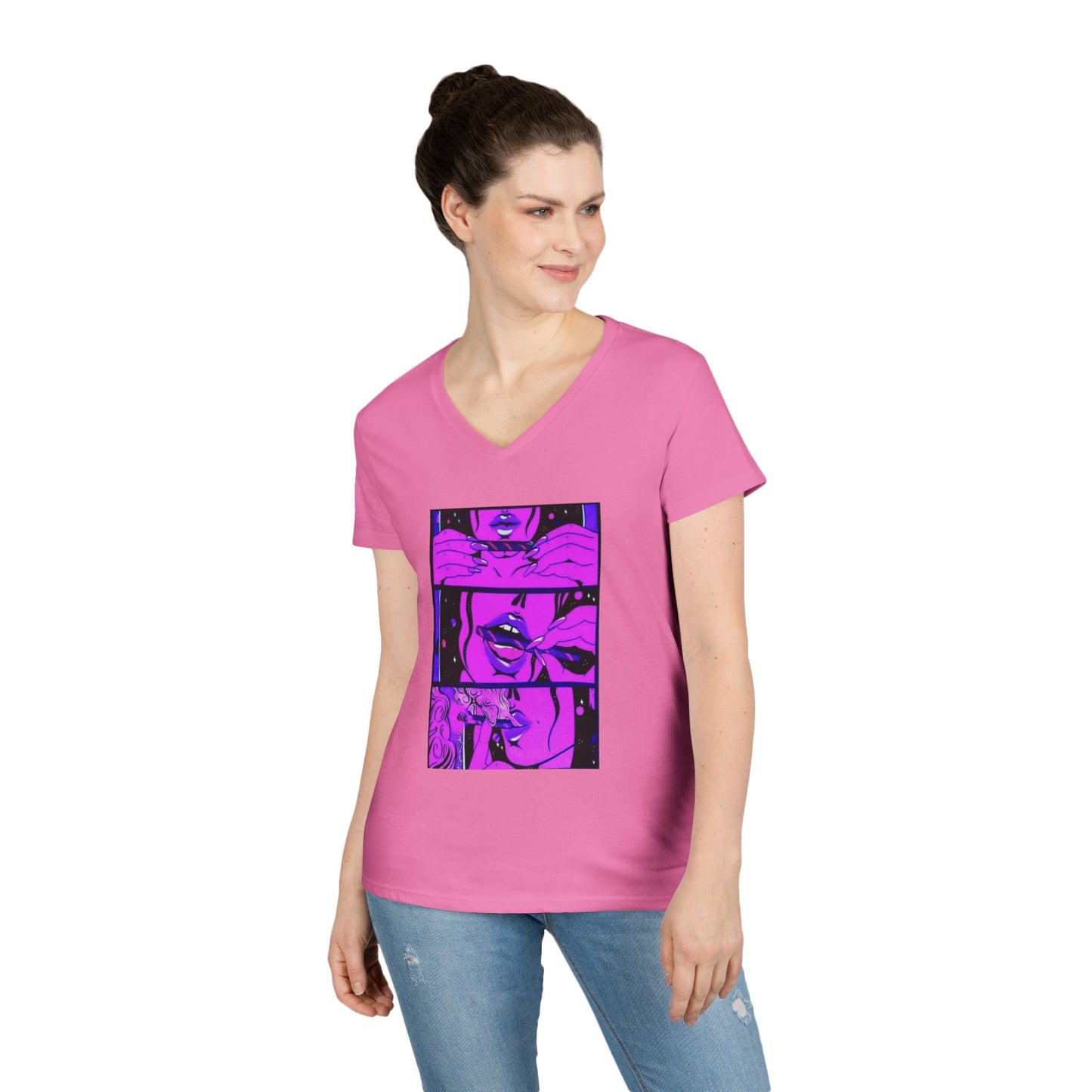 Vibrant Graphic Ladies' V-Neck T-Shirt - Trendy Art Design