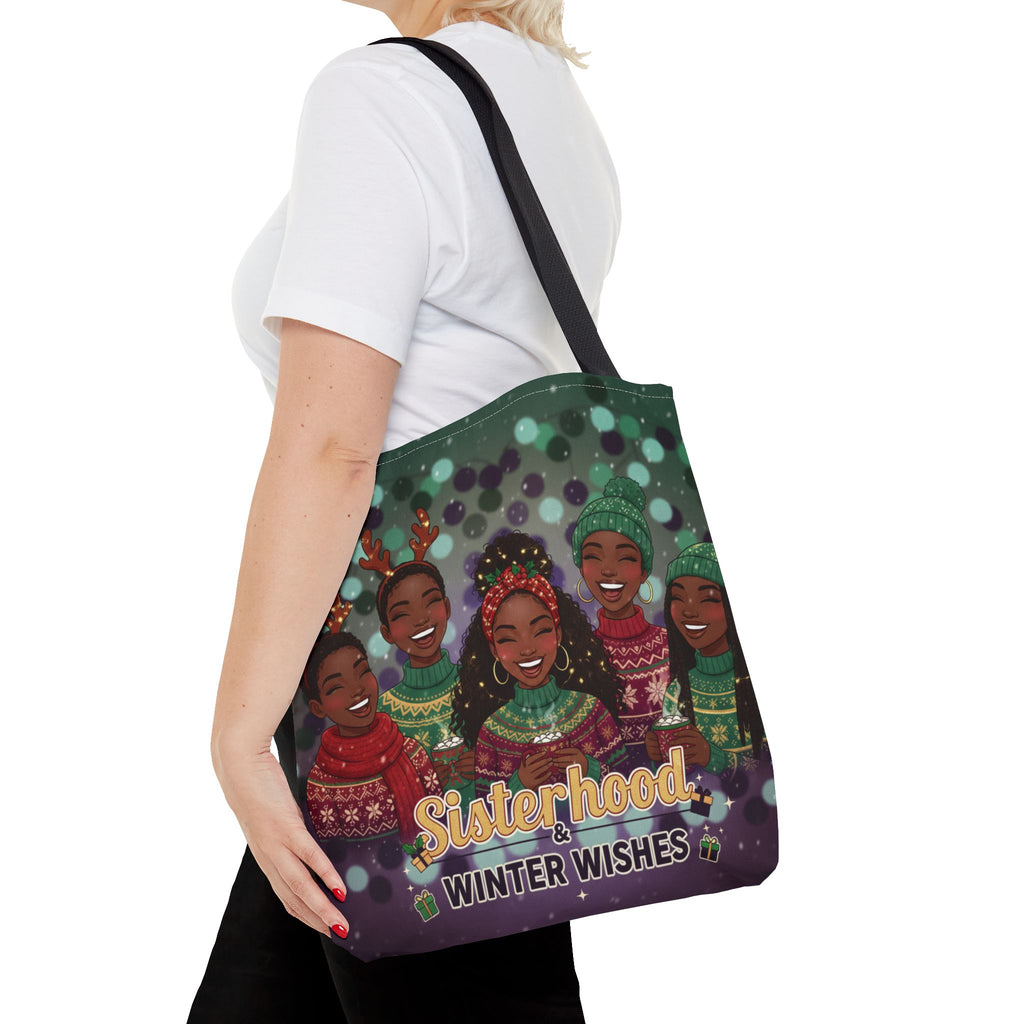 Sisterhood Winter Wishes Holiday Tote Bag — Festive Afrocentric Christmas Market Bag