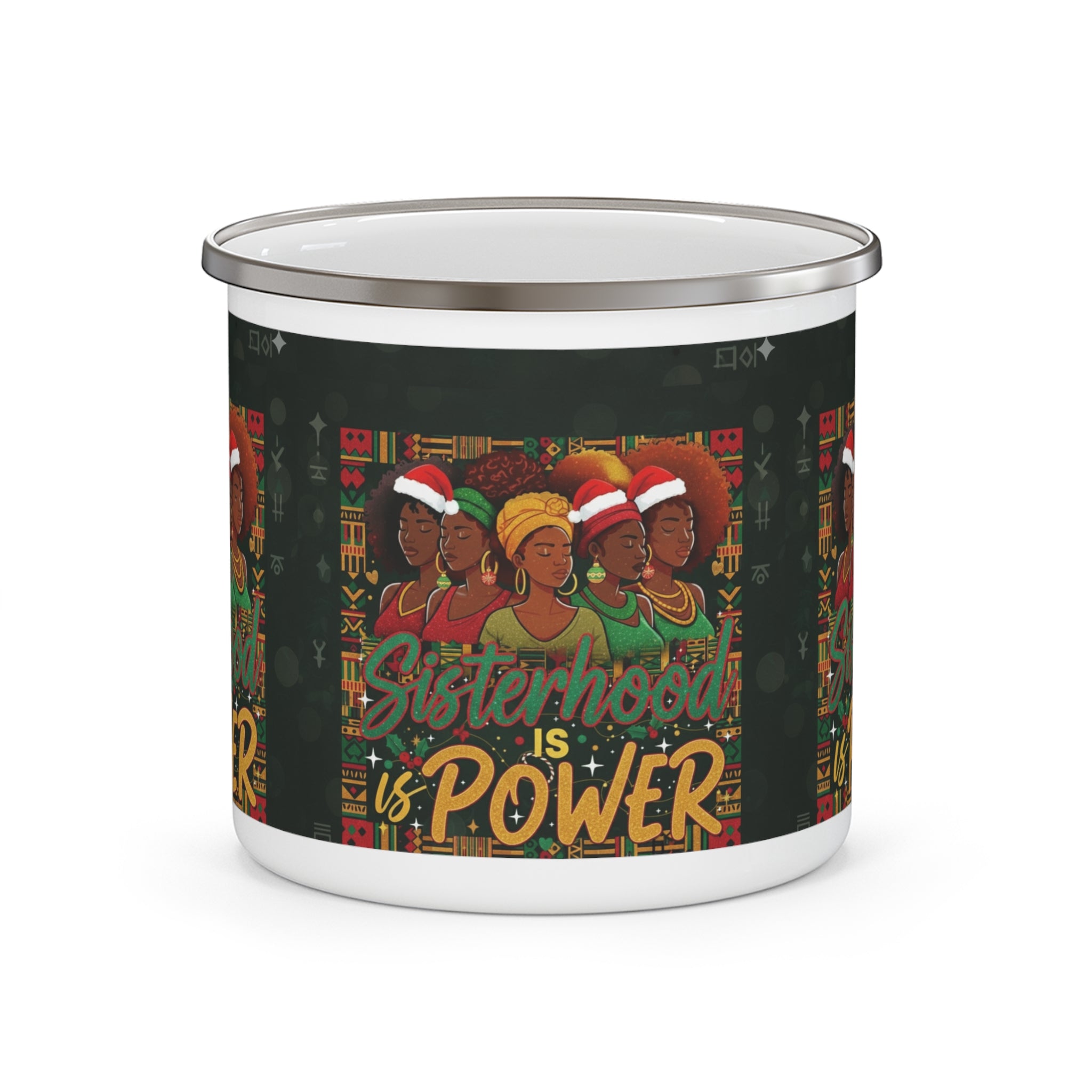 Sisterhood Is Power Enamel Camping Mug — Floral Afrocentric Holiday Coffee Cup