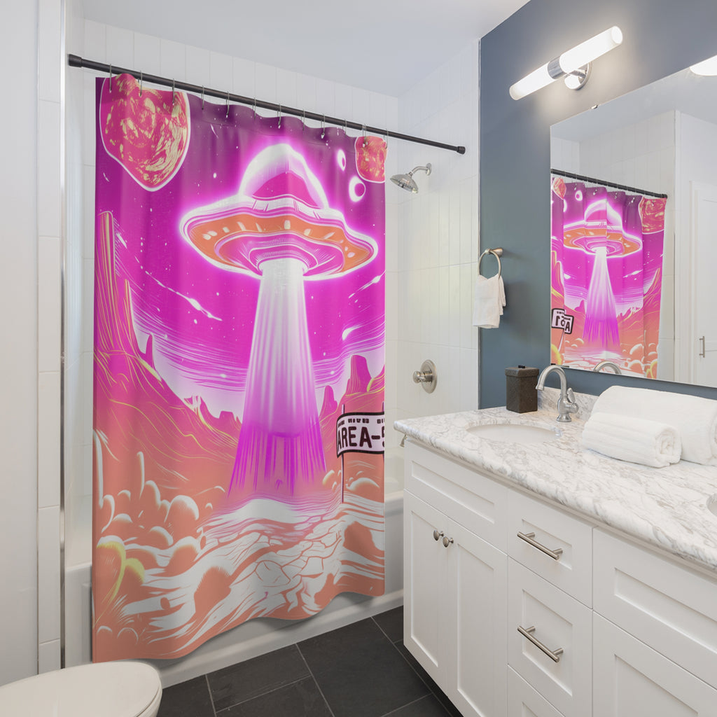 Cosmic UFO Shower Curtain, Outer Space Home Decor, Sci-Fi Bathroom Accessories, Alien Themed Gift, Fun Space Party Decorations