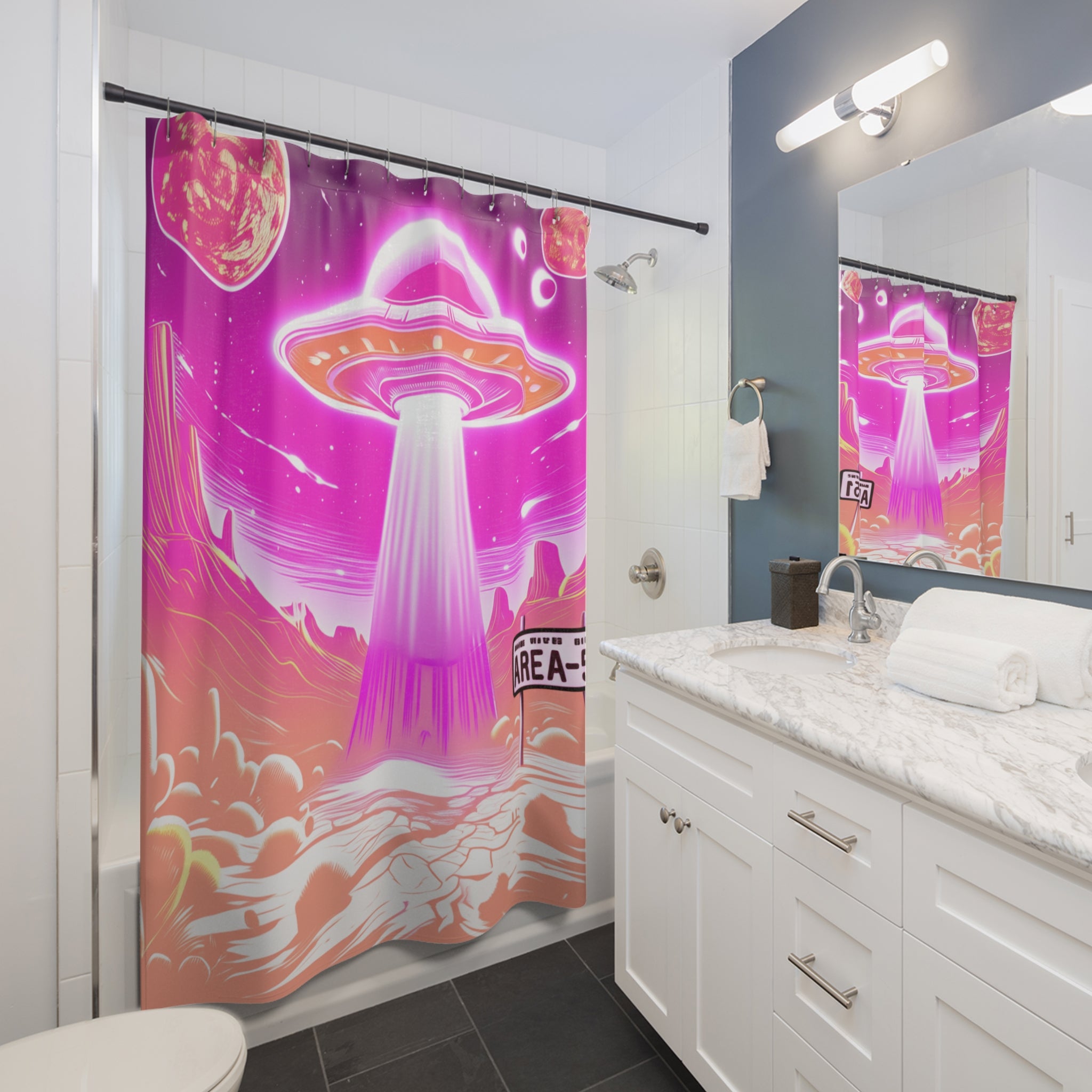 Cosmic UFO Shower Curtain, Outer Space Home Decor, Sci-Fi Bathroom Accessories, Alien Themed Gift, Fun Space Party Decorations