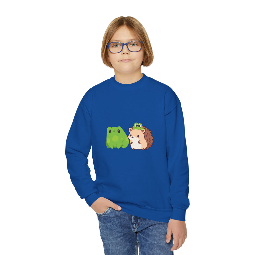 Cute Animal Friends Youth Crewneck Sweatshirt, Adorable Frog and Hedgehog Design, Perfect Gift for Kids, Fun Casual Wear, Birthday and